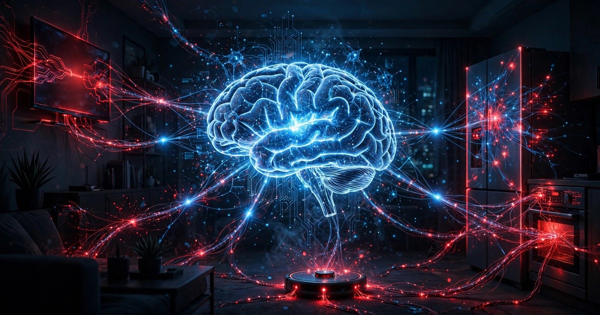 Digital illustration of a glowing AI brain spreading red network threads to smart home devices, representing self-replicating AI worms