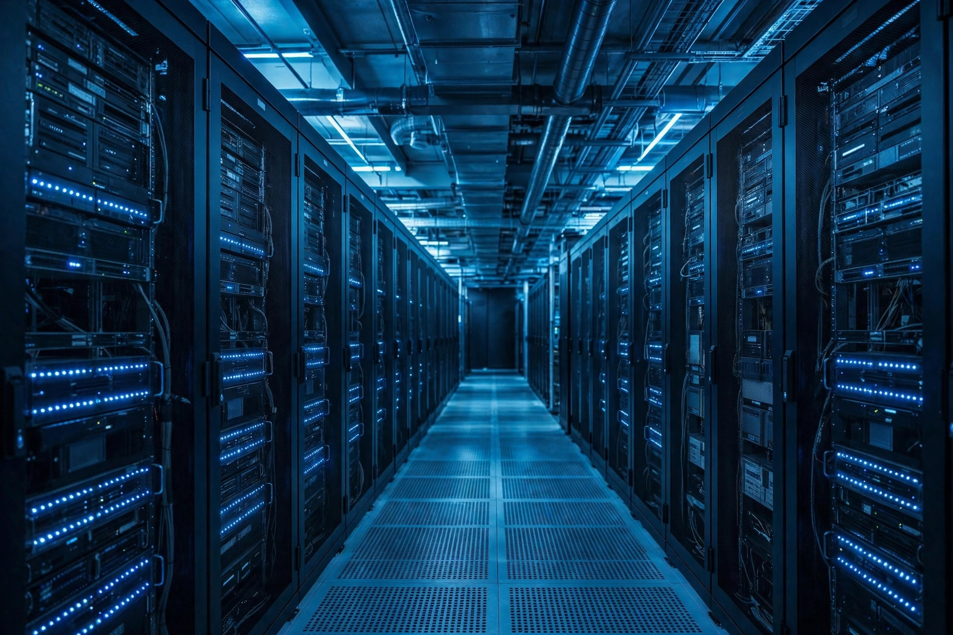 Illustration of a modern data centre facility with rows of server racks and glowing network lights under a cloudy sky