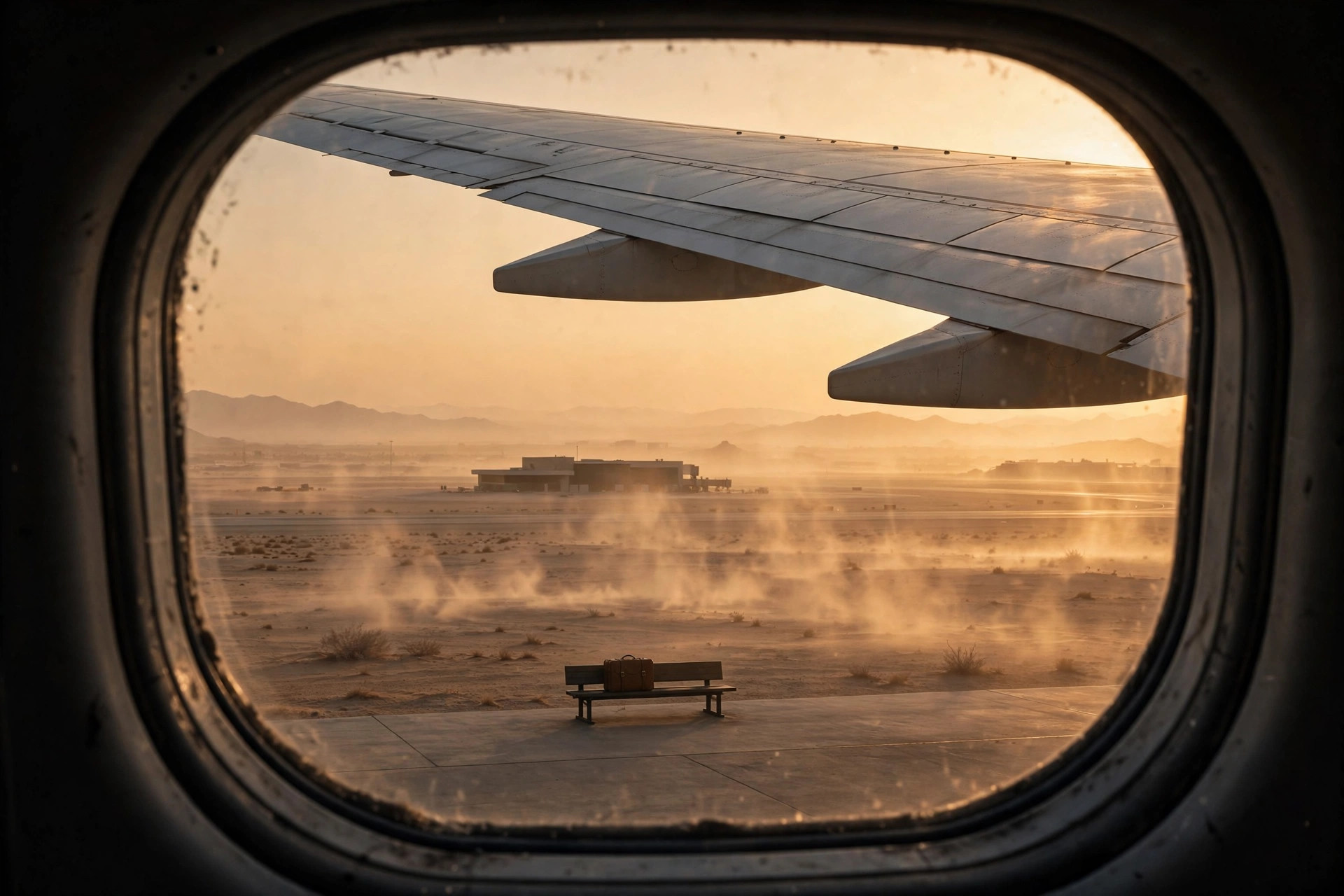 Airplane wing over a desert airport at golden hour, with an empty terminal silhouette and heat haze on the horizon