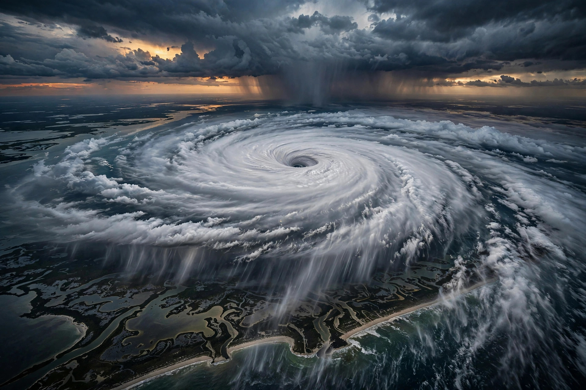 Dramatic satellite-style illustration of a hurricane swirling over the Florida coast, with dark storm clouds, rain bands and floodwaters covering coastal towns below