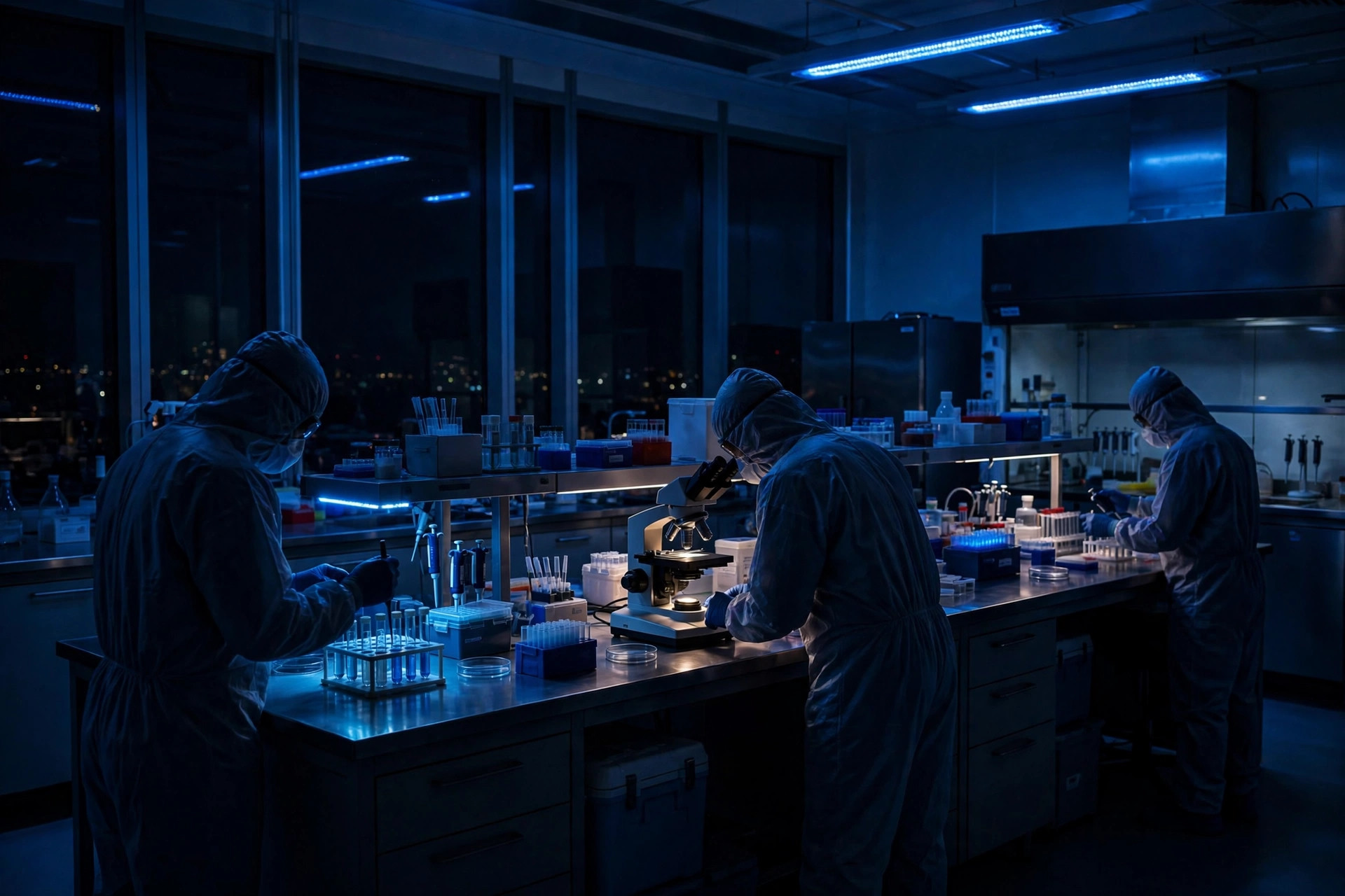 Modern laboratory interior with researchers in hazmat suits shown as obscured silhouettes without visible faces, alongside abstract Ebola testing equipment