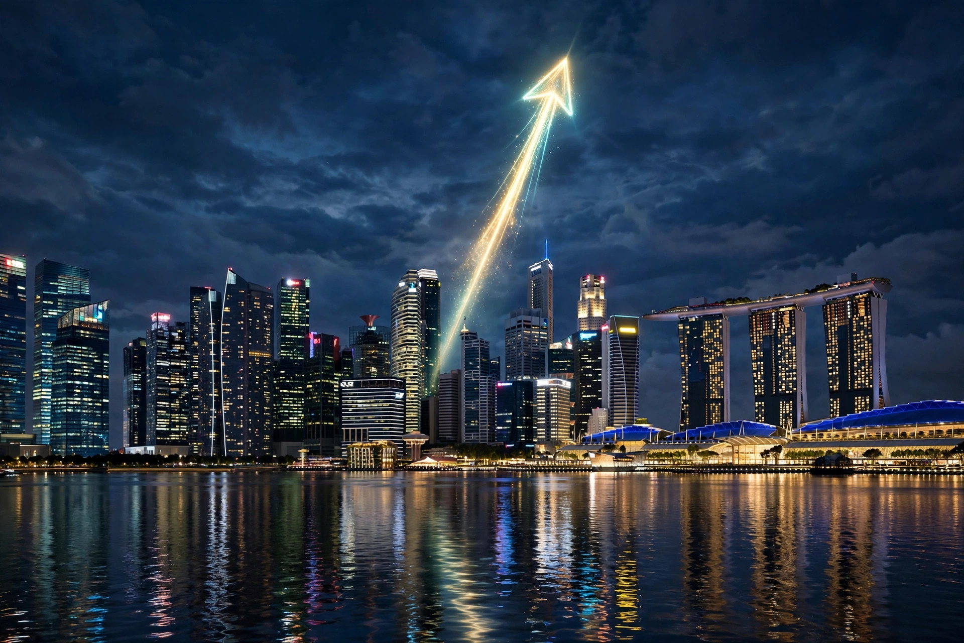 Stylised night view of a Marina Bay-like Singapore skyline with an upward arrow made of light rising over the skyscrapers, symbolising monetary tightening