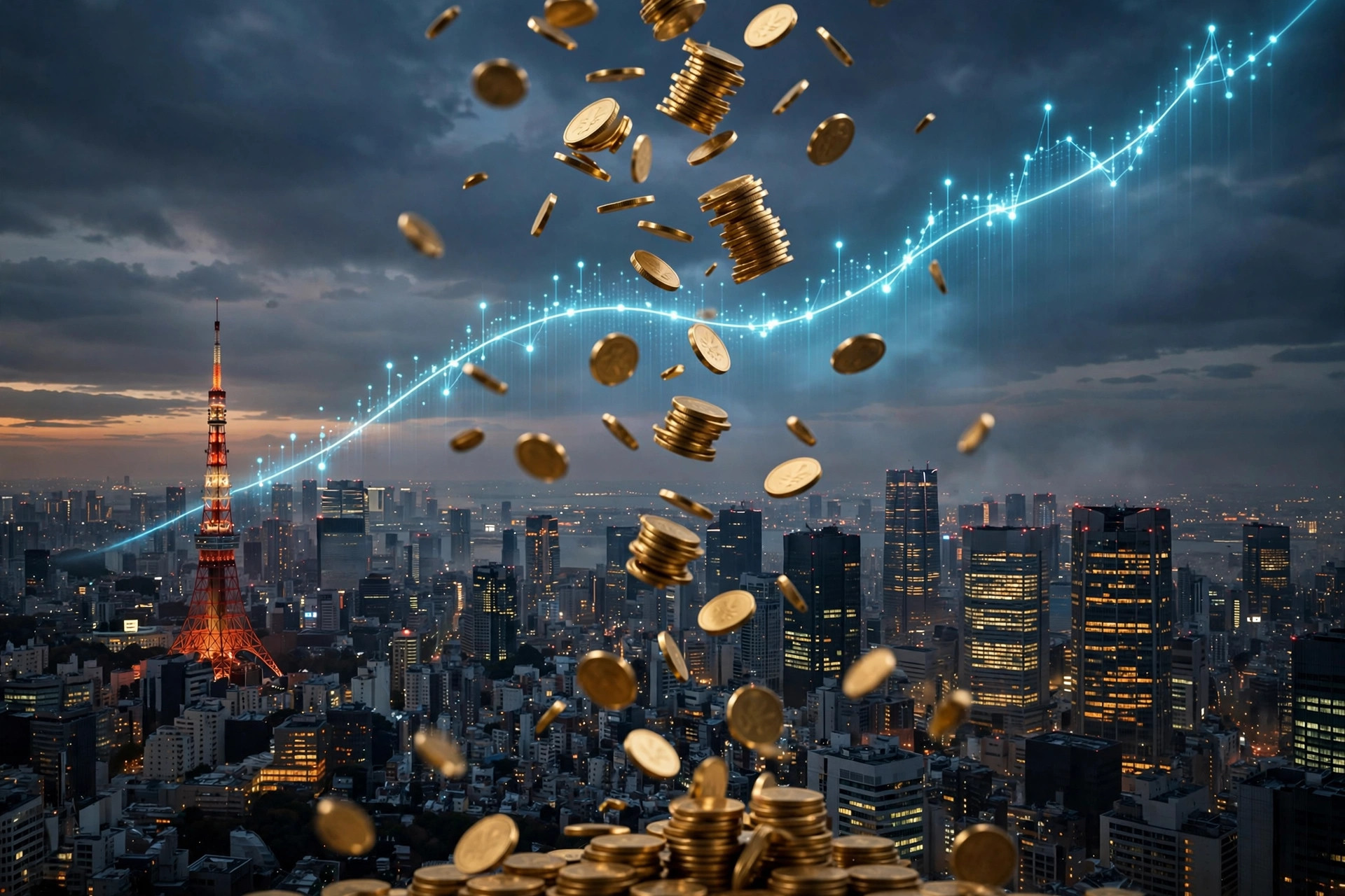 Abstract illustration of stylized yen coins and a rising graph line over the Tokyo skyline at dusk