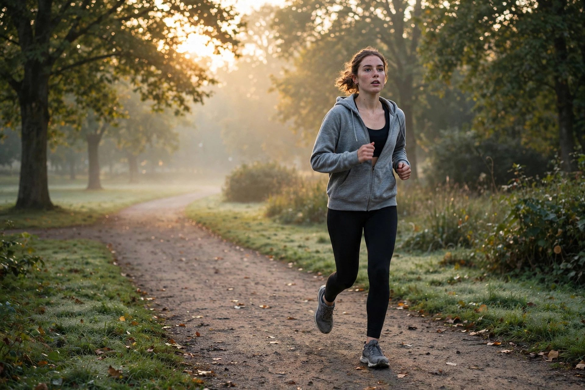 Runner tying shoes at sunrise ready for a morning jog on a path