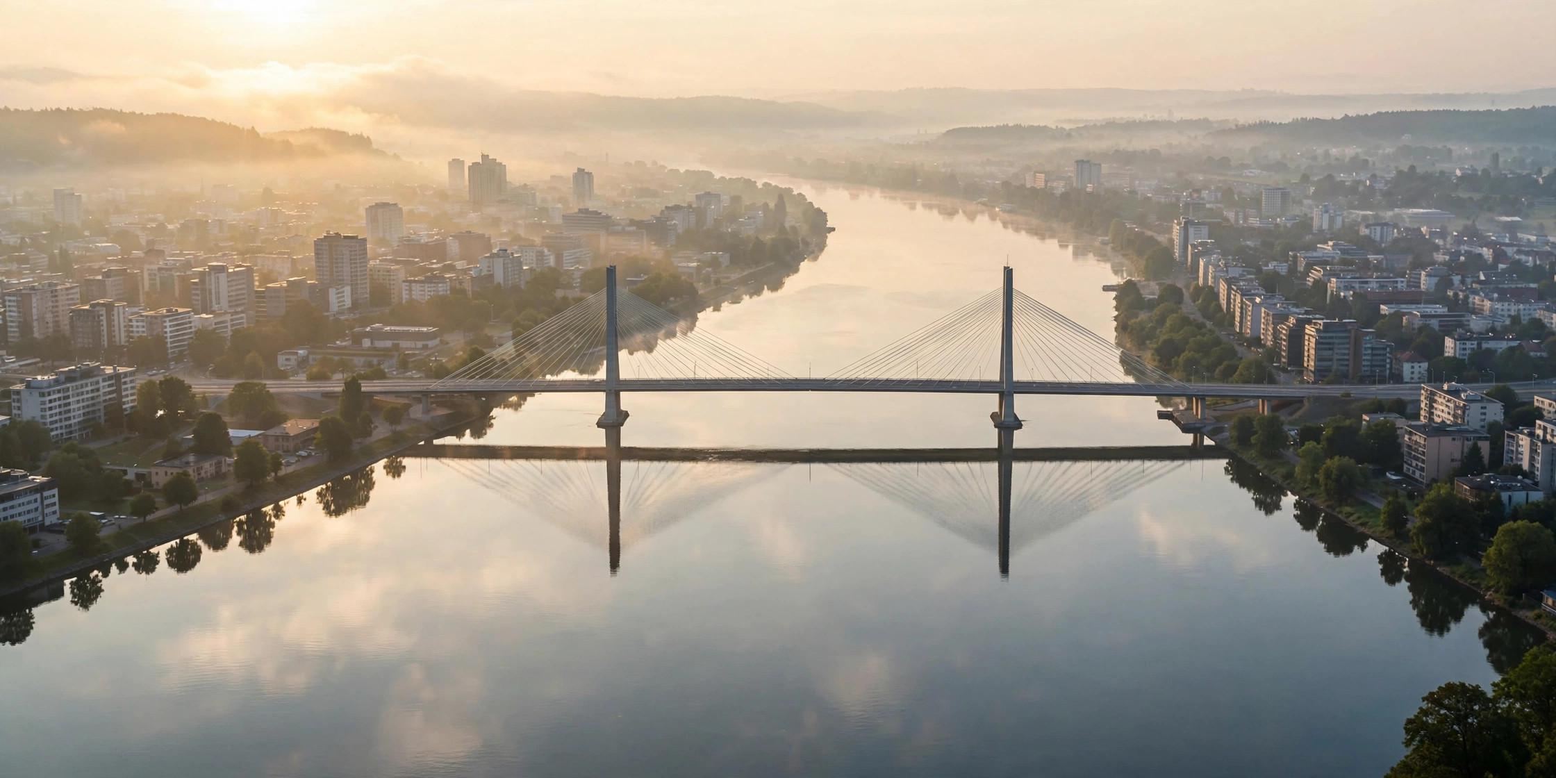 Modern cable-stayed bridge spanning a wide river at dawn, linking cities on opposite banks
