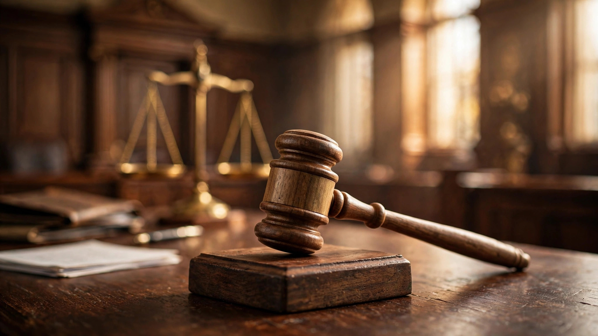AI-generated illustration of a judge's gavel on a courtroom desk with scales of justice, symbolizing federal denaturalization proceedings