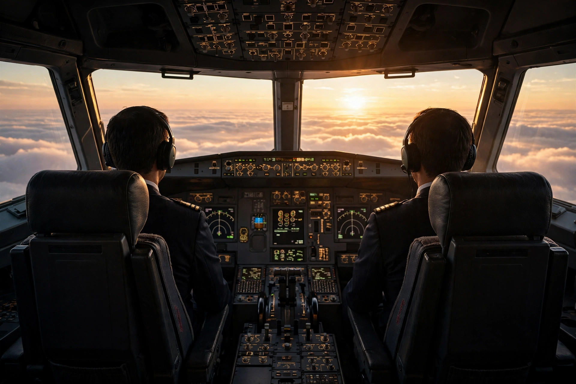 Illustration of an airliner cockpit at dawn viewed from behind the pilot seats, calm and professional with sunrise over the clouds.