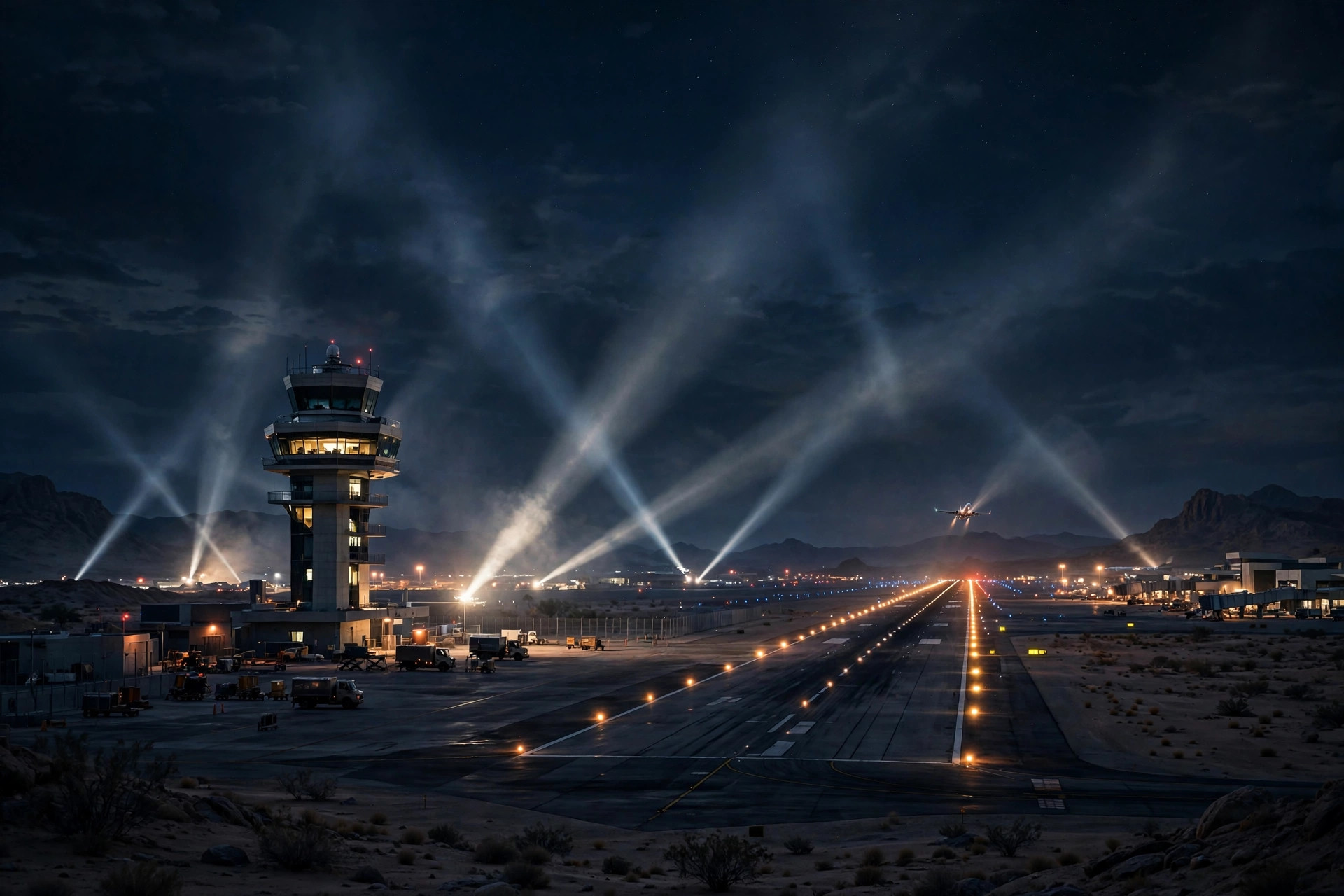 AI illustration of a modern airport terminal at night with dramatic storm-lit sky