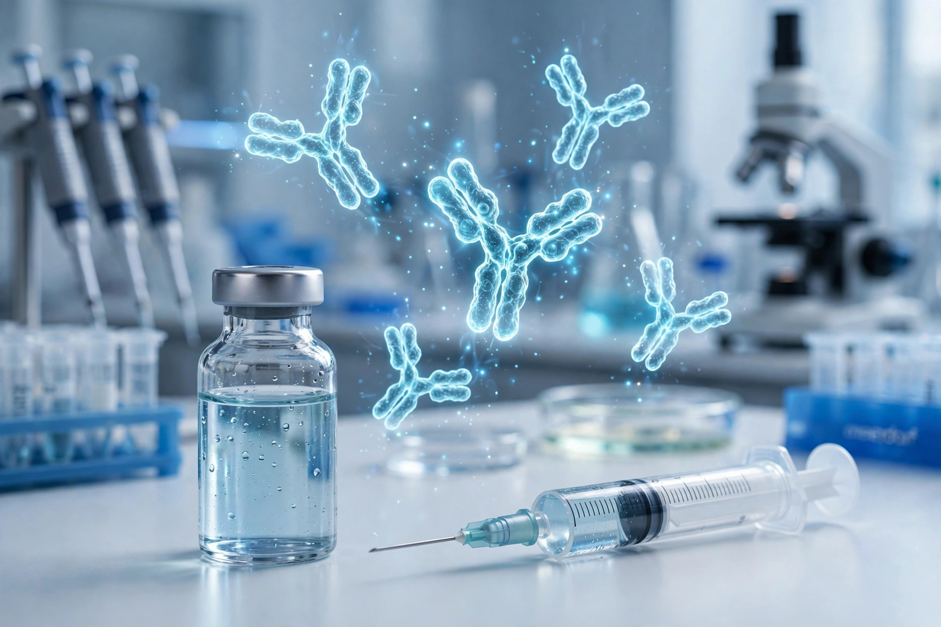 Laboratory scene with vaccine vial, syringe and glowing antibodies