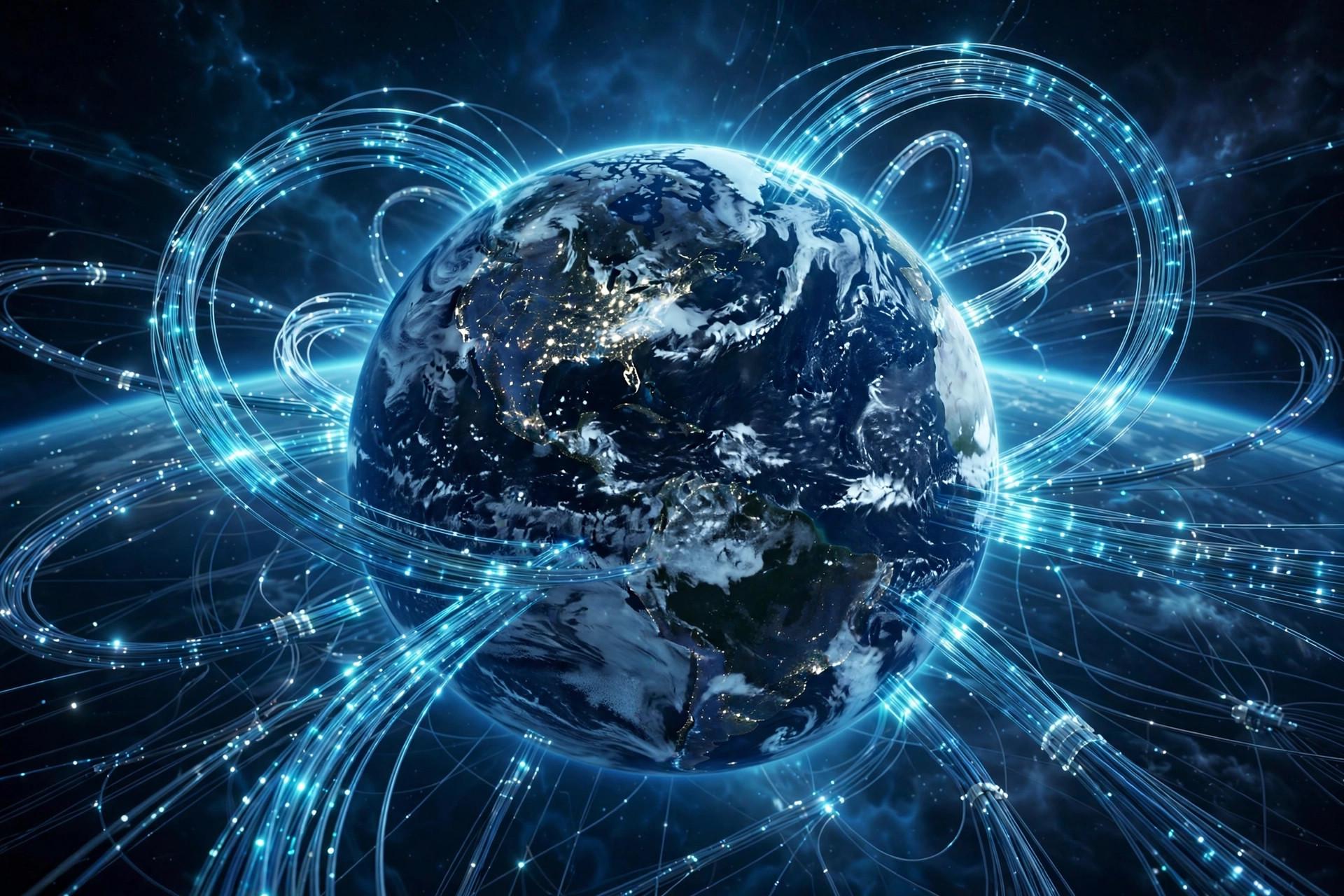 Glowing fiber-optic data streams circling a digital globe representing the internet