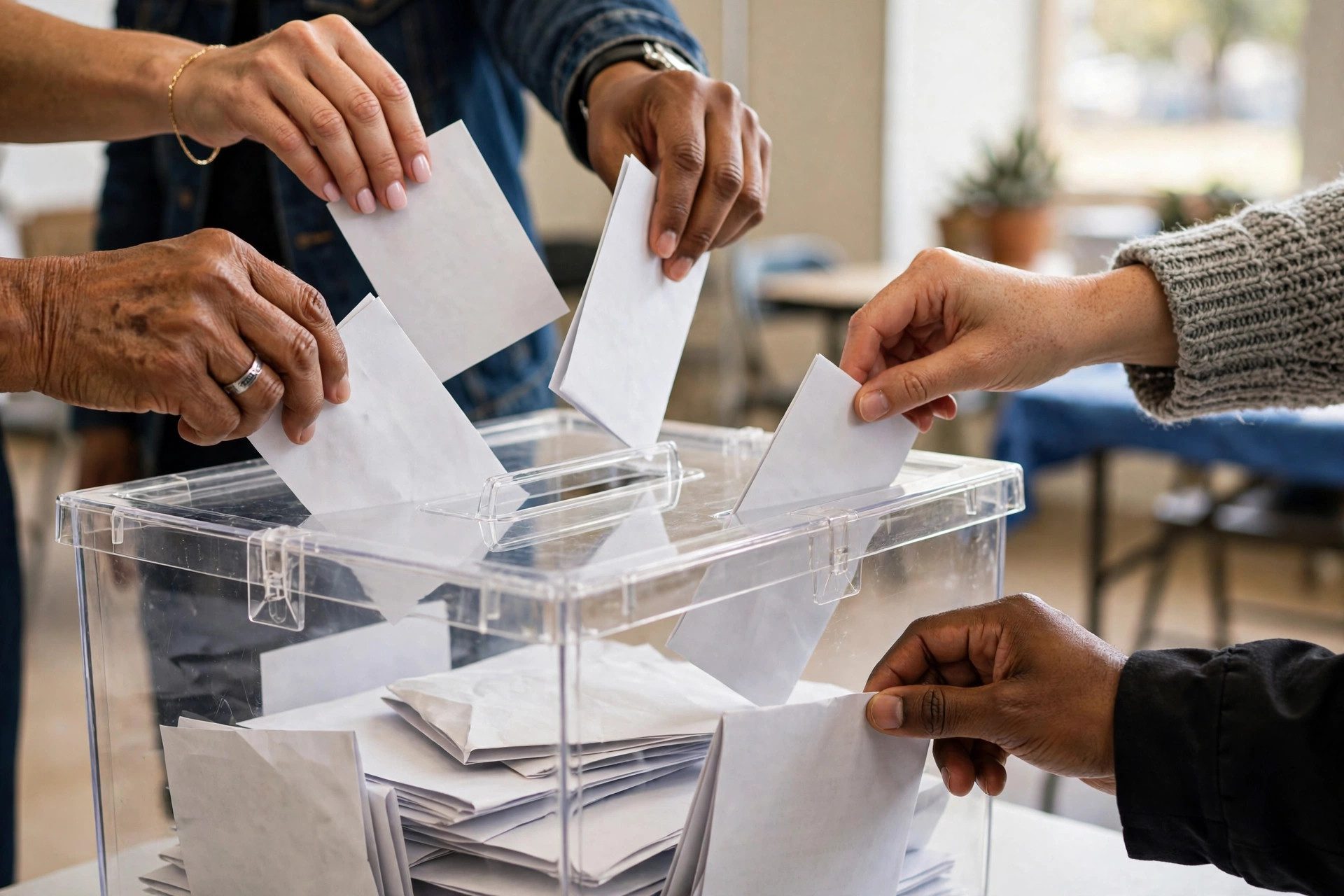 Hand placing a ballot into a voting box at an election station