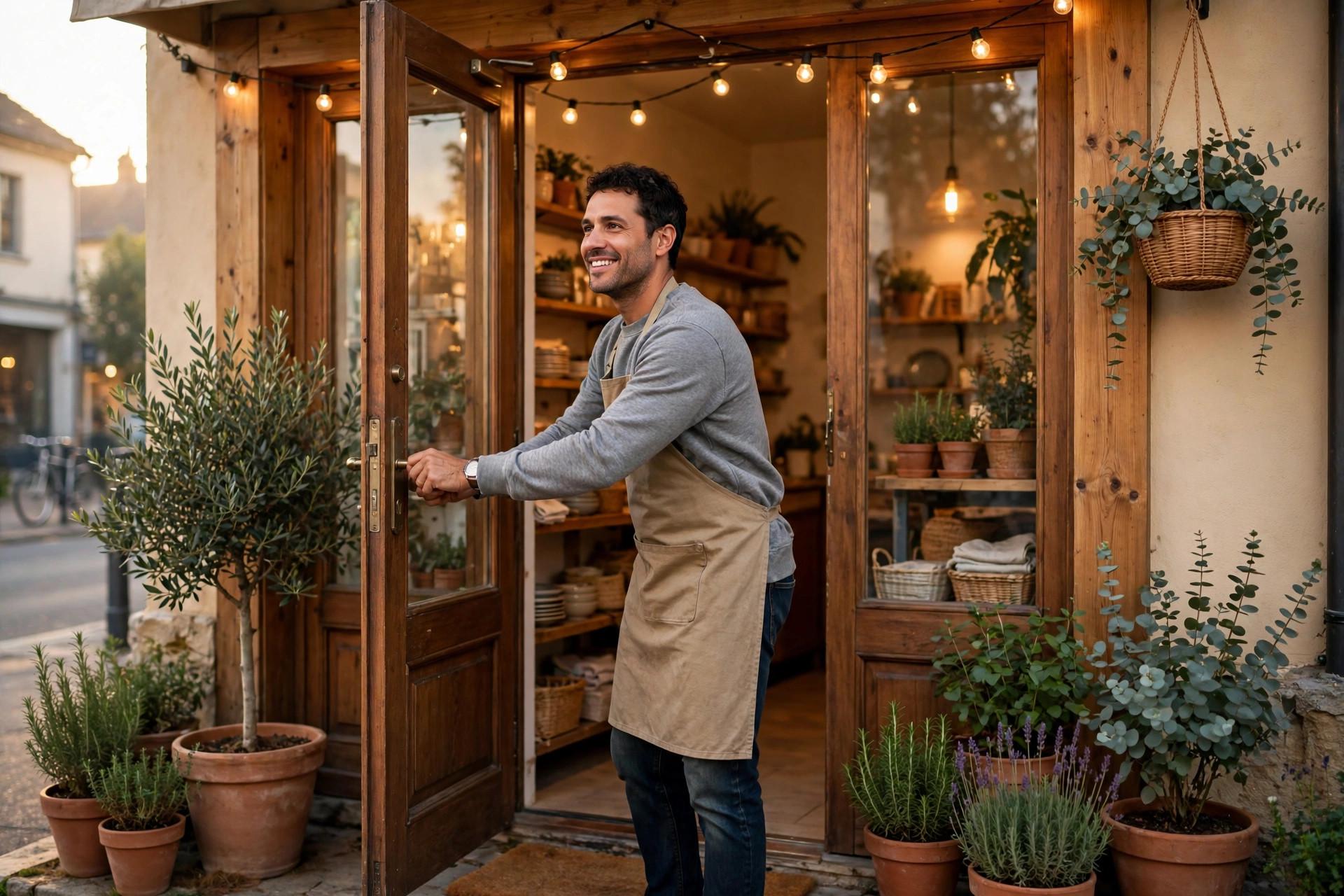 Small business storefront with open sign and entrepreneur planning