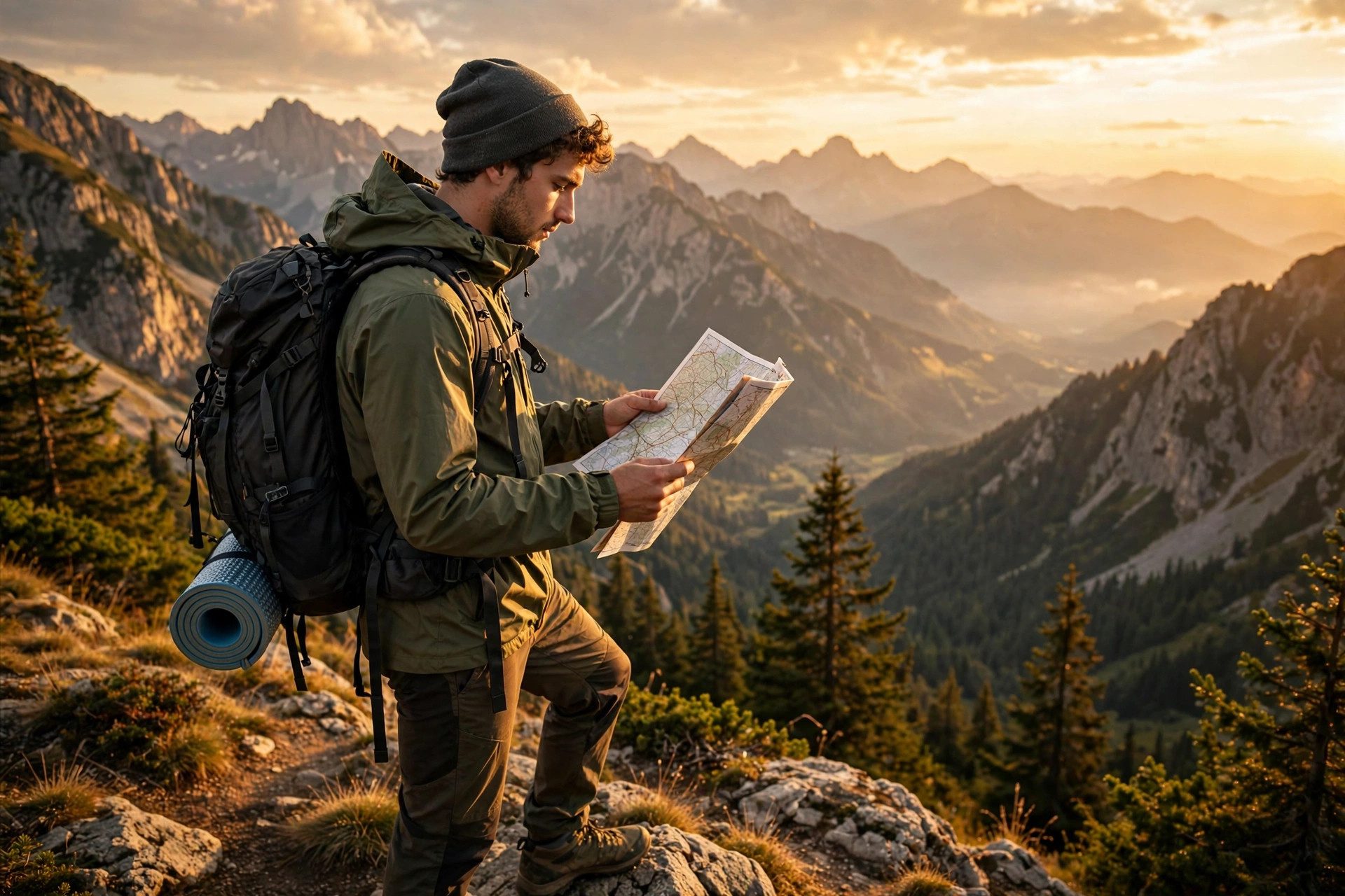 Backpacker with map overlooking mountains planning budget travel