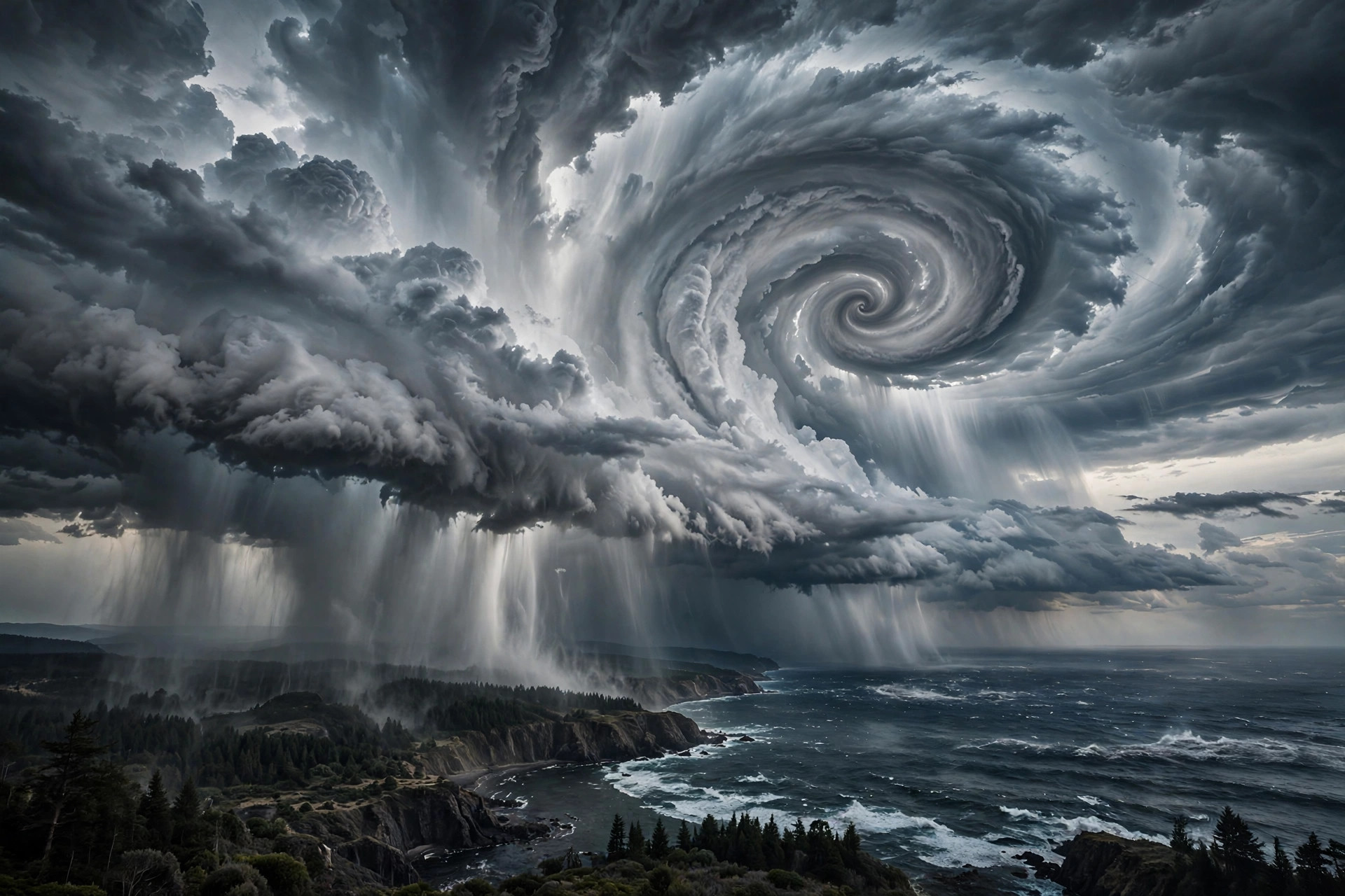 AI illustration of a massive hurricane viewed from above the Pacific Ocean approaching the Mexican coastline