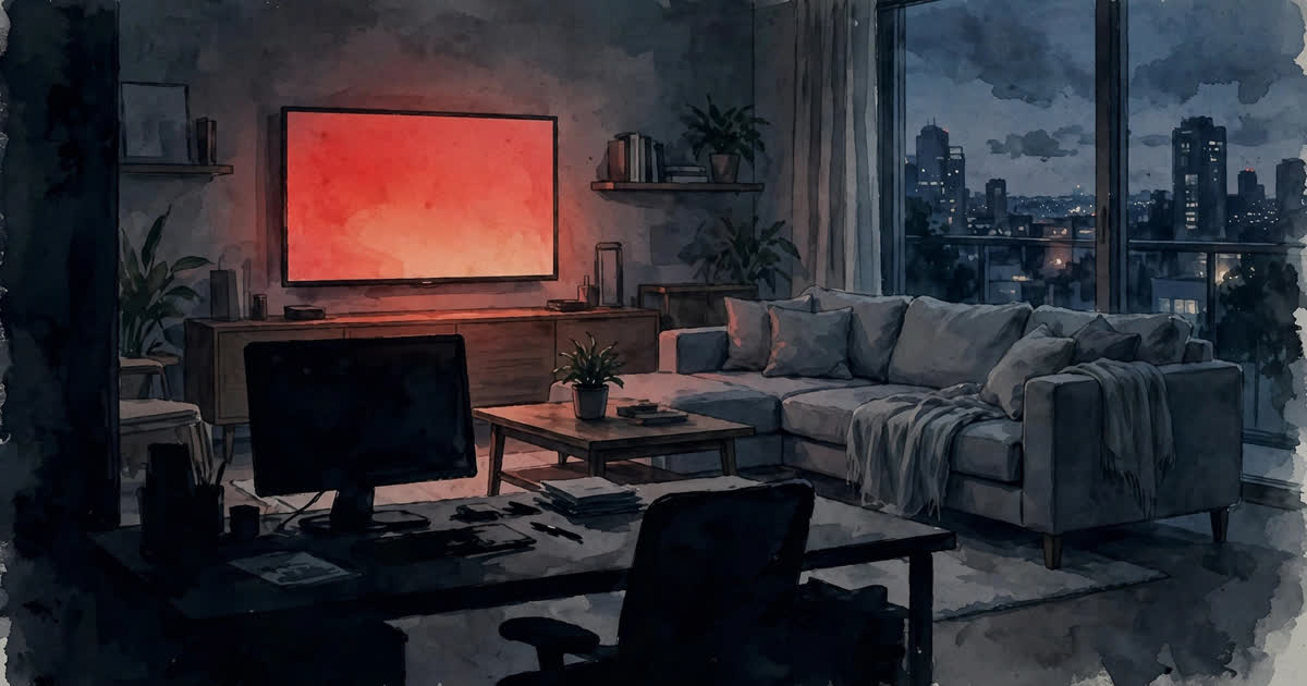 Netflix layoffs illustration: glowing TV in a dim living room with an empty office desk