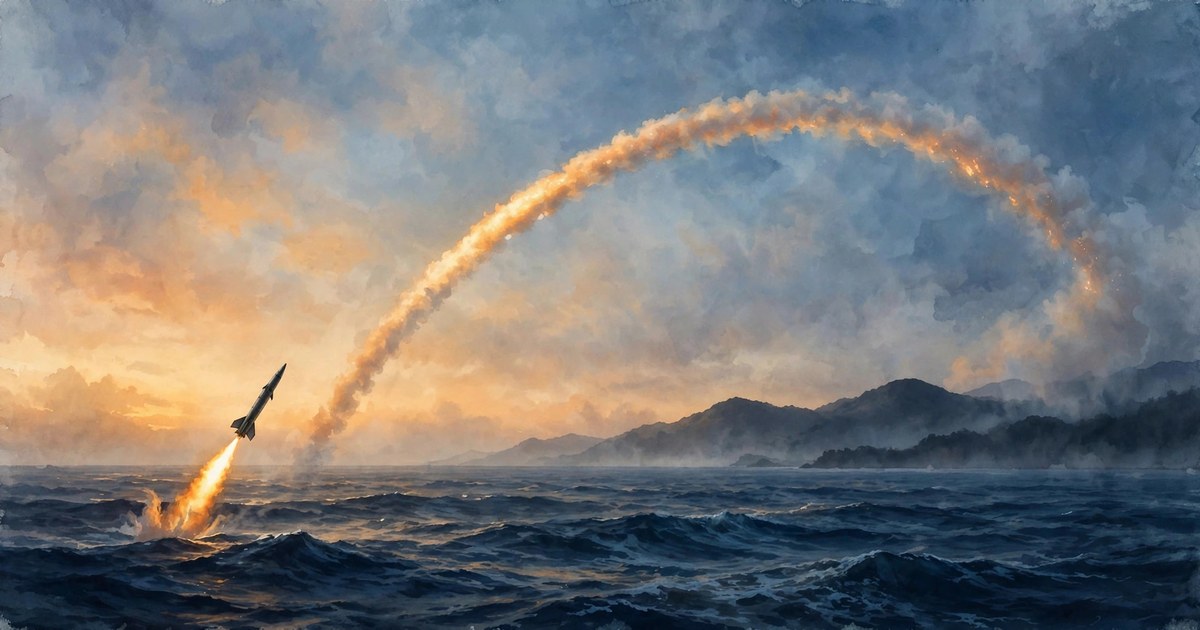 AI-generated illustration of a ballistic missile launch arc over the sea at dawn