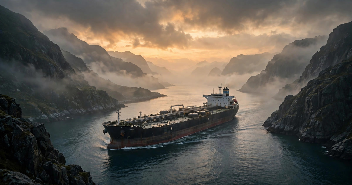 An oil tanker sailing through a narrow strait at dawn, illustrating the maritime corridor near the Strait of Hormuz