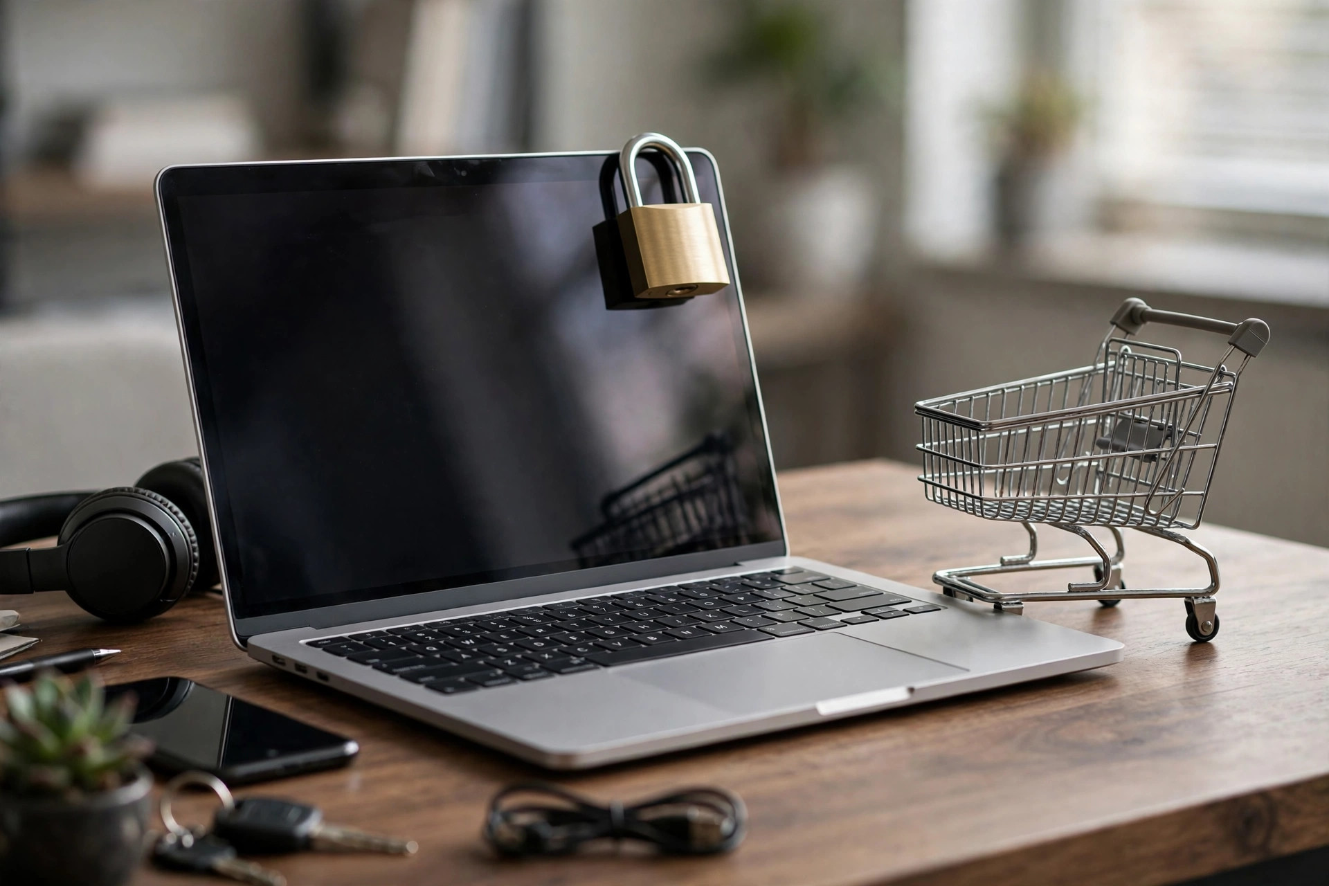 Secure online shopping with padlock icon over a laptop checkout page