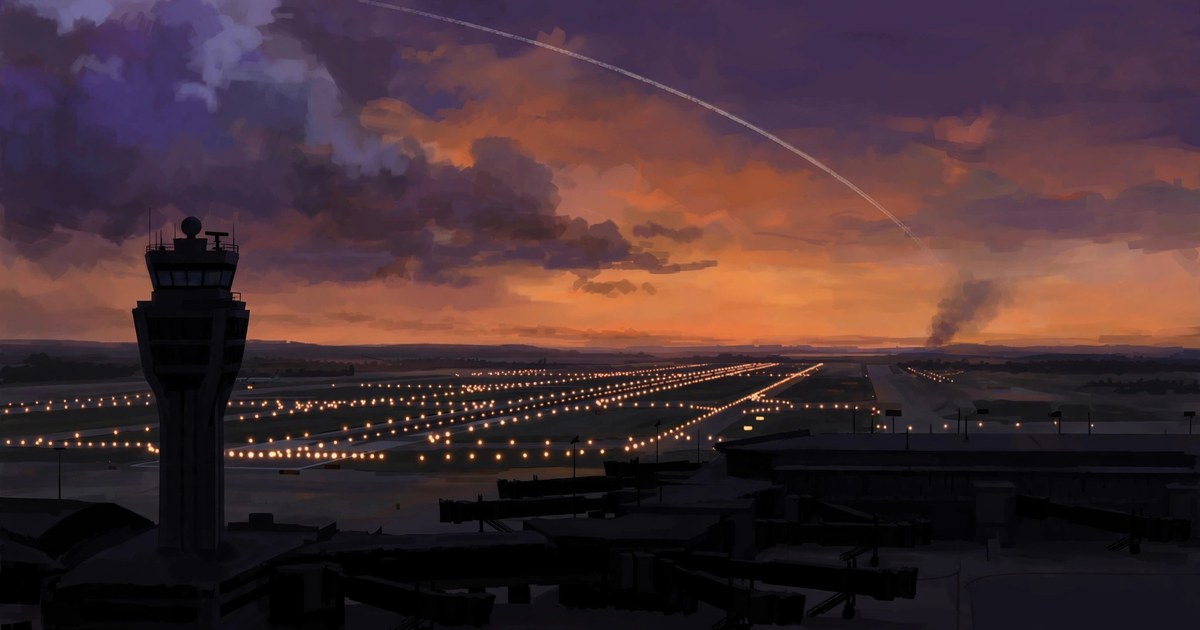 Illustration of an airport at dusk with a distant missile trail and smoke plume on the horizon