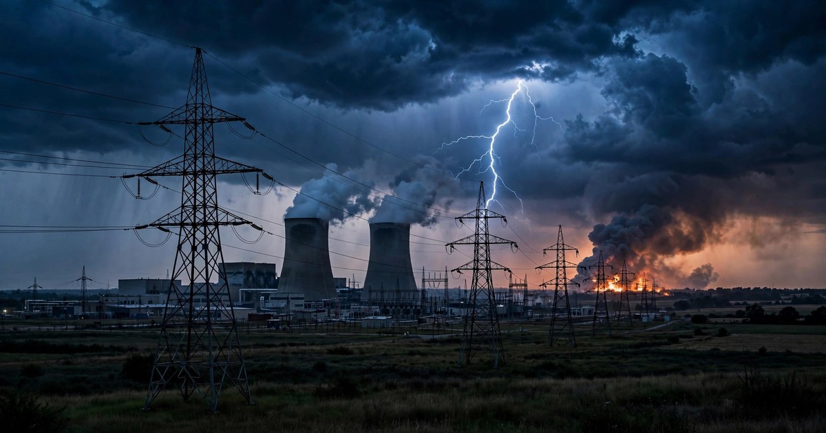 Power plant and high-voltage transmission towers silhouetted under a stormy sky, AI-generated illustration