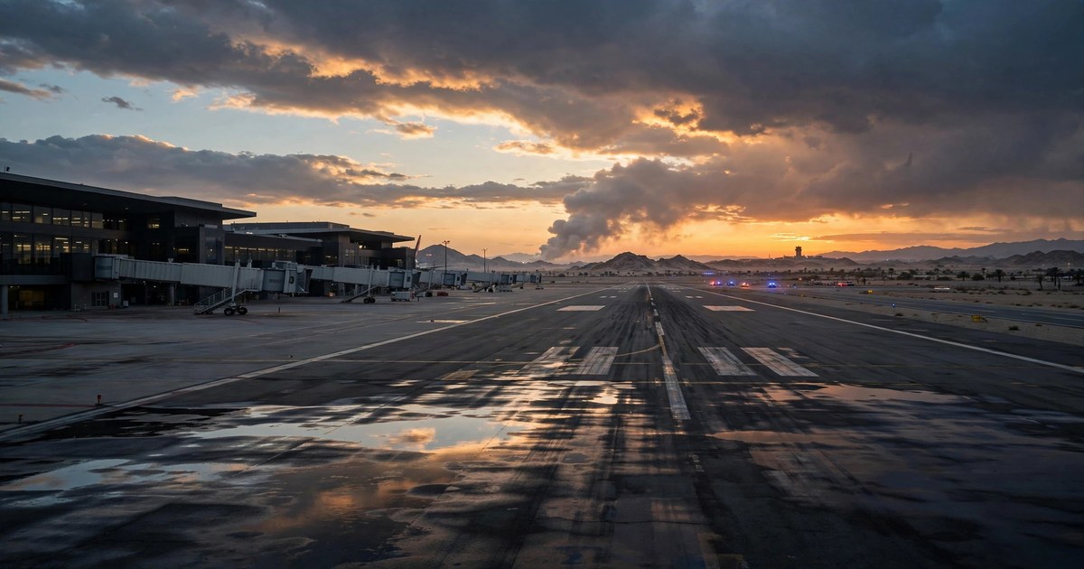 Editorial illustration of Riyadh airport at dusk with smoke on the horizon during the 2026 Saudi-Houthi escalation