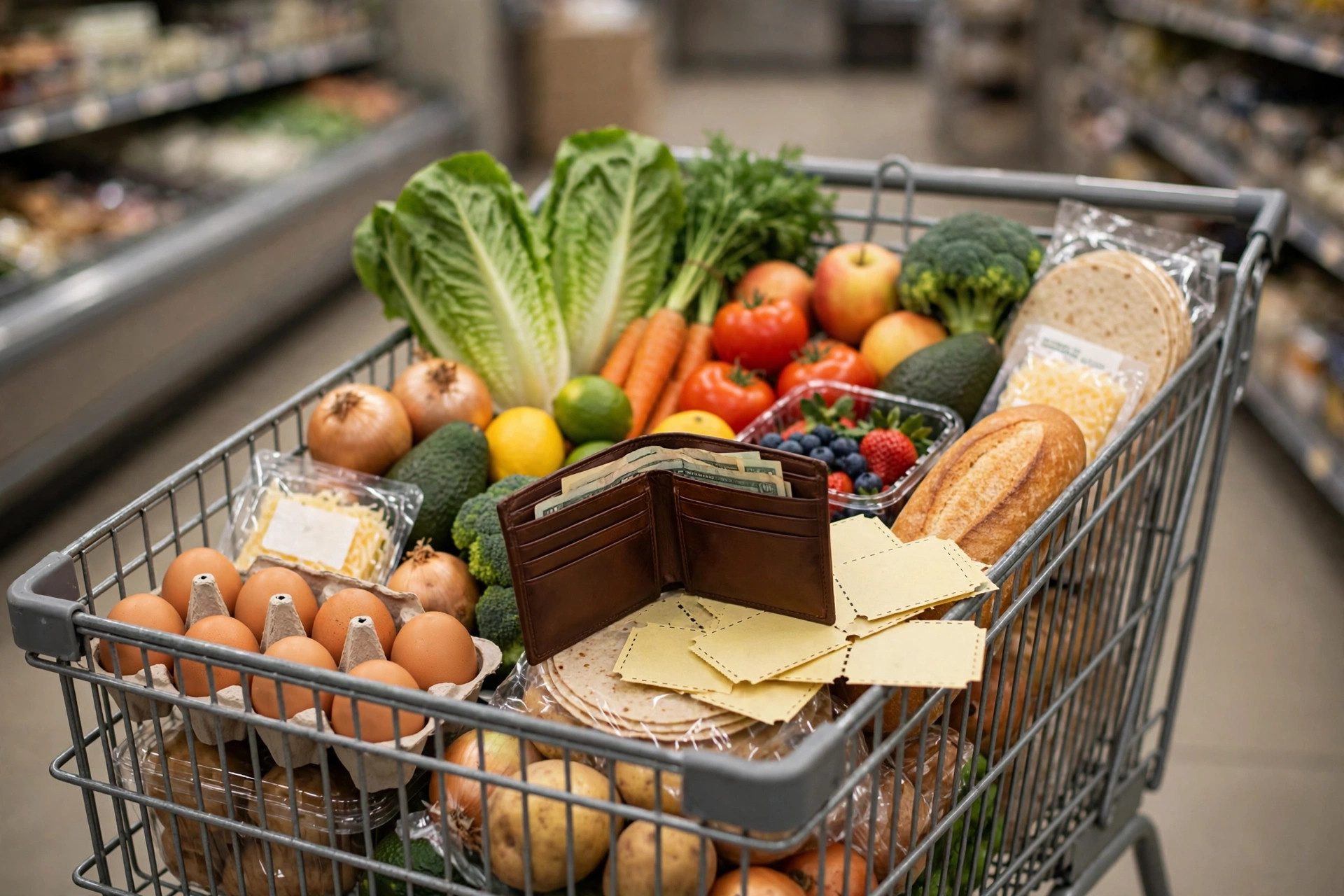Shopping basket filled with affordable groceries and a savings list