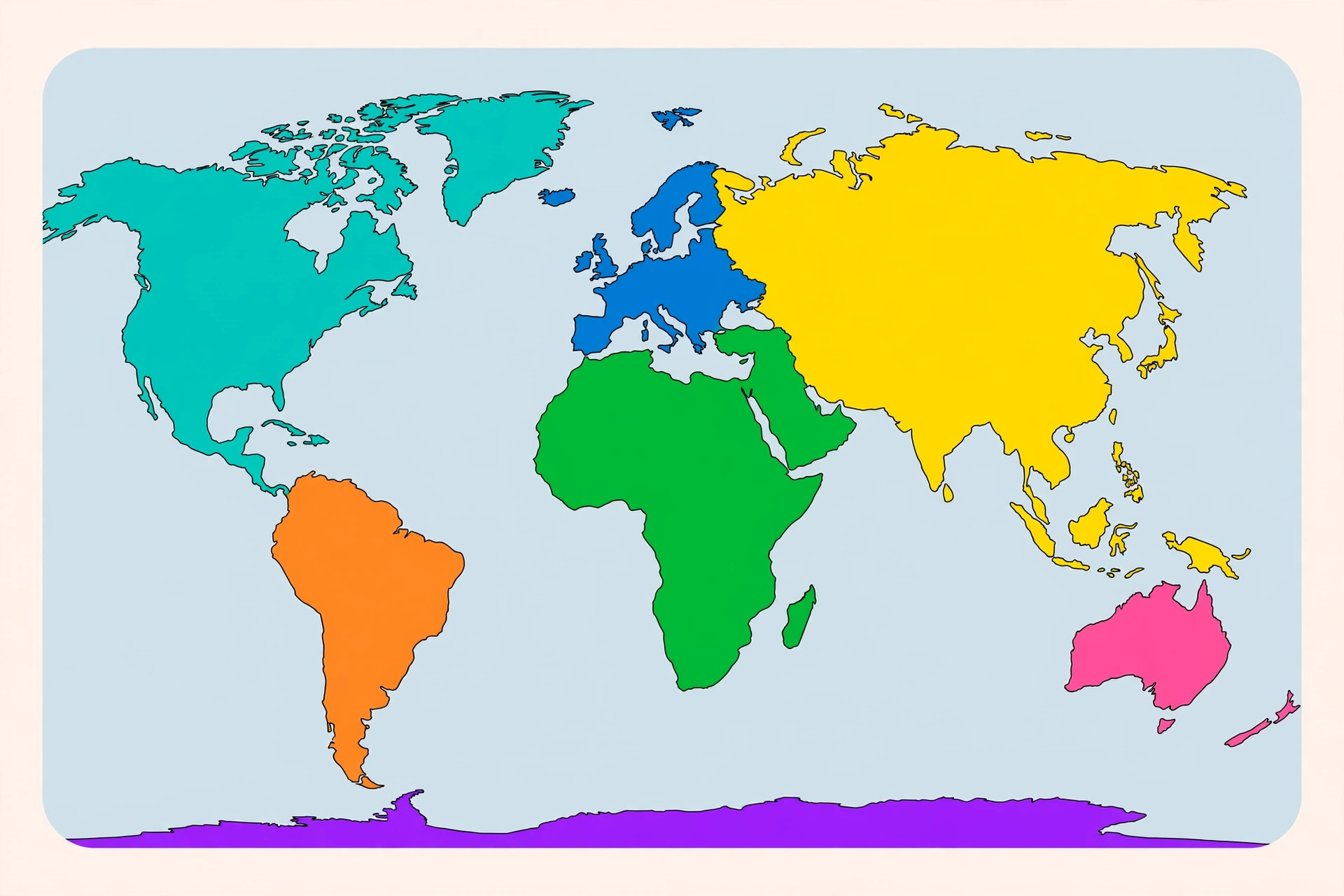 World map with seven continents shown in distinct colors