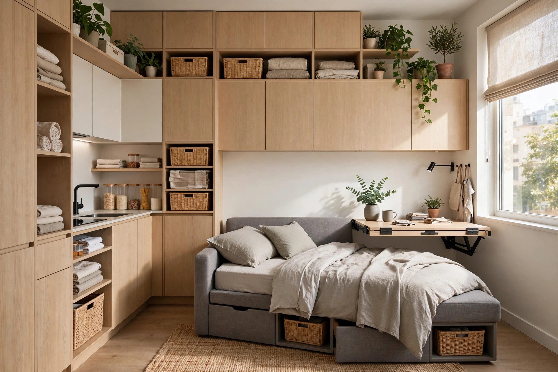 Compact apartment interior with clever space-saving furniture solutions