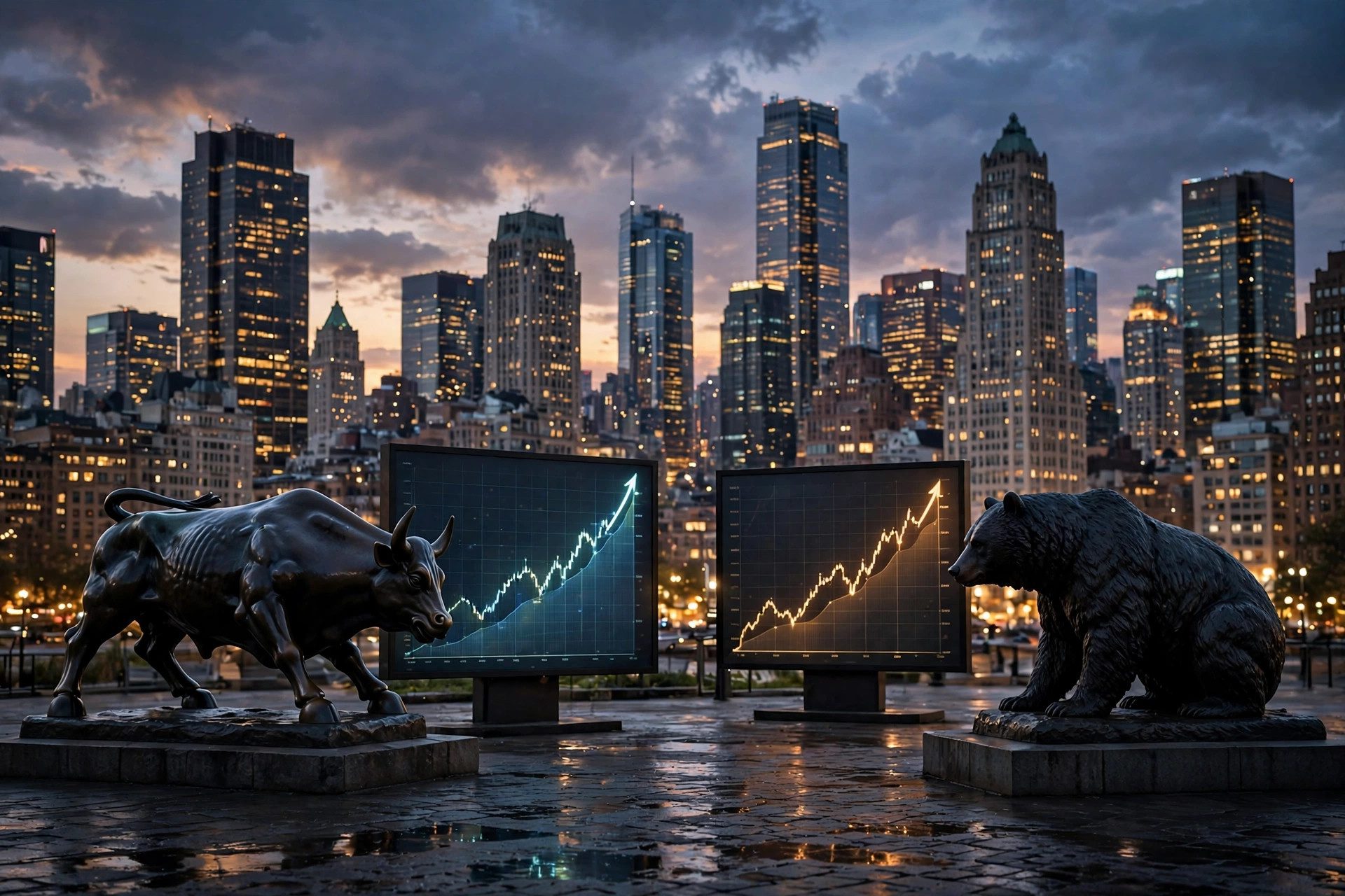 Bull and bear statues with stock market charts in a financial district