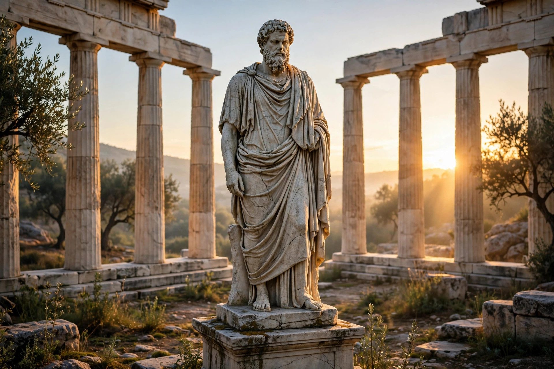 Ancient Greek statue in calm contemplation representing stoic philosophy