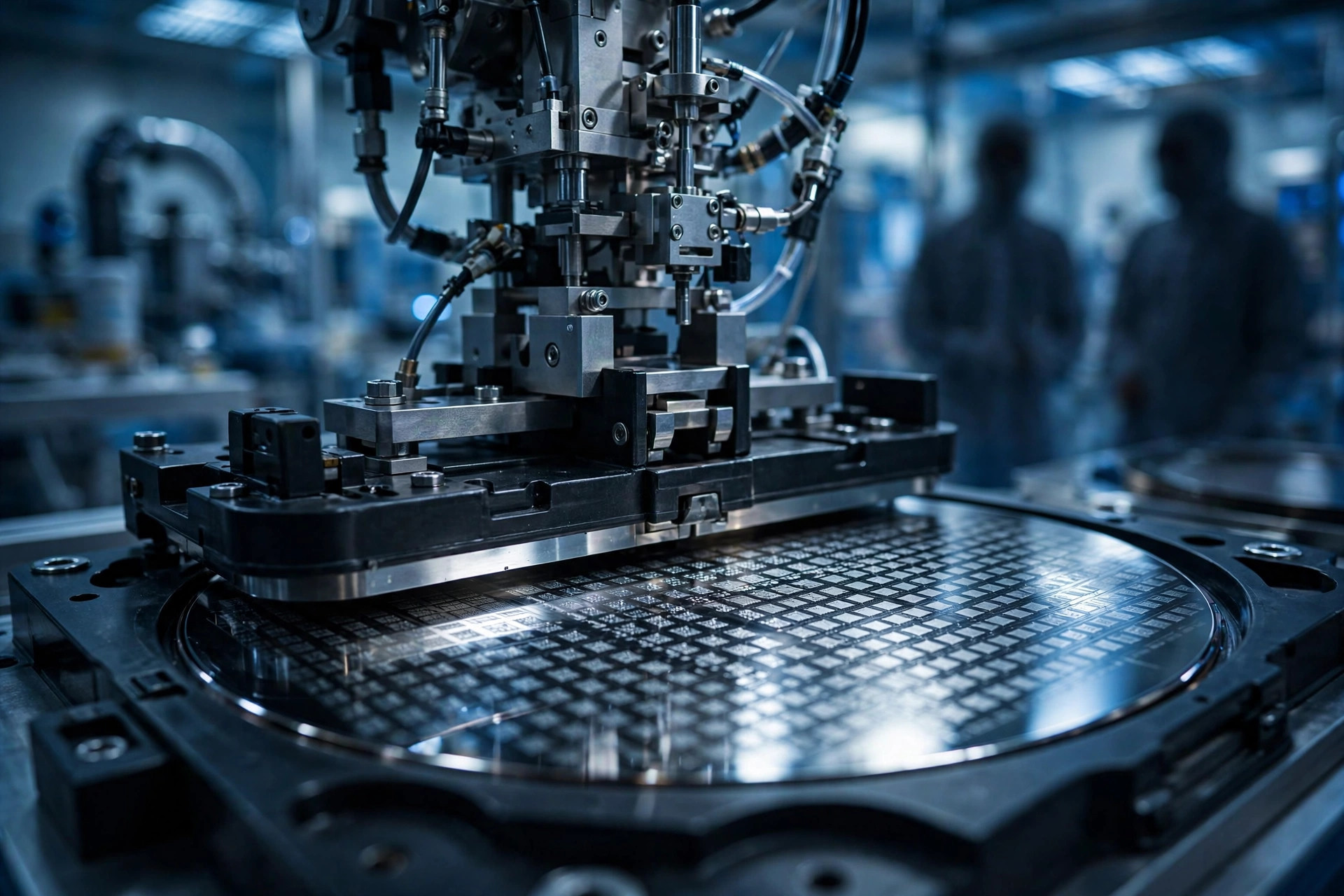 A semiconductor cleanroom where robotic arms handle silicon wafers on an encapsulation production line.