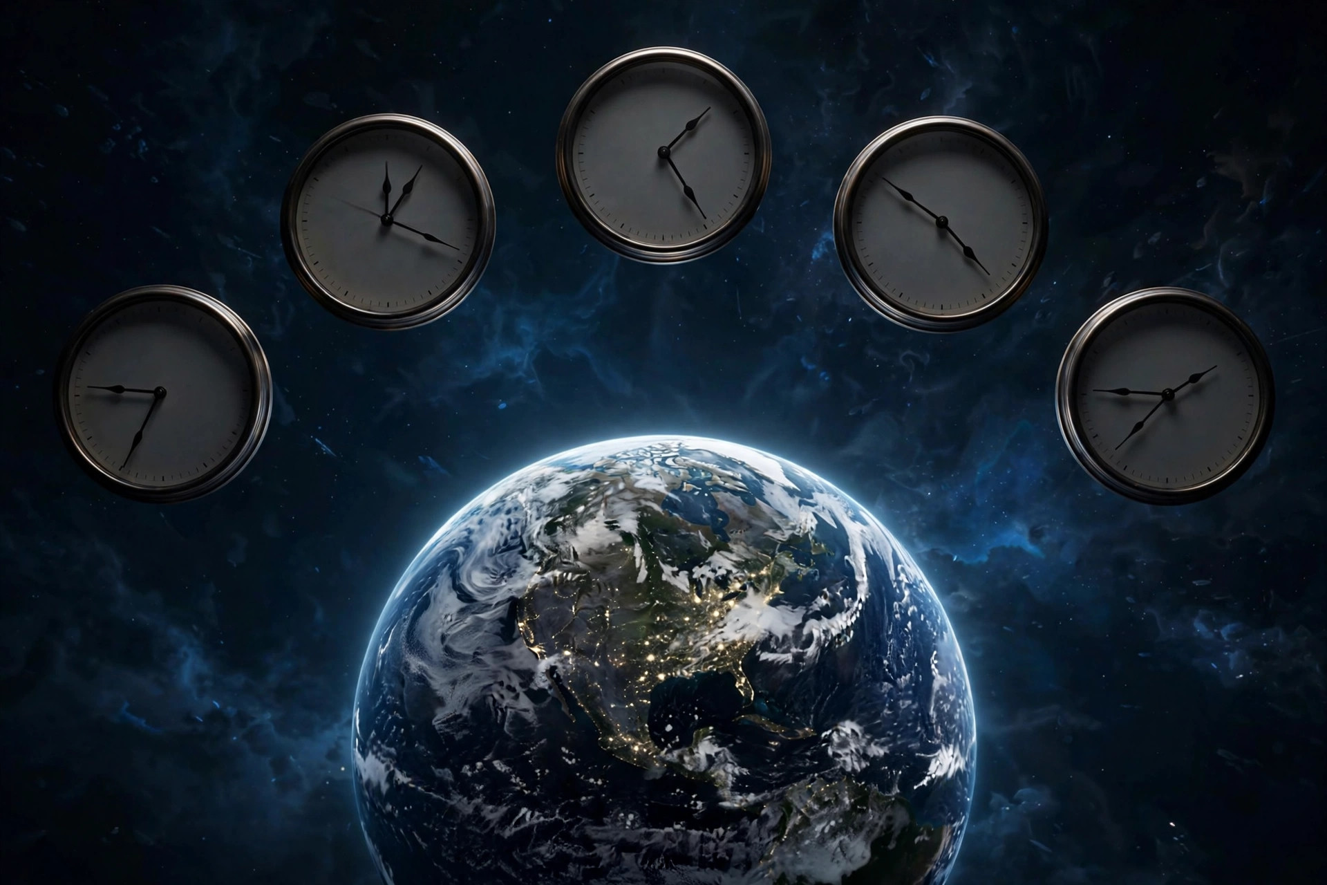 Multiple clocks showing different times arranged around a glowing Earth