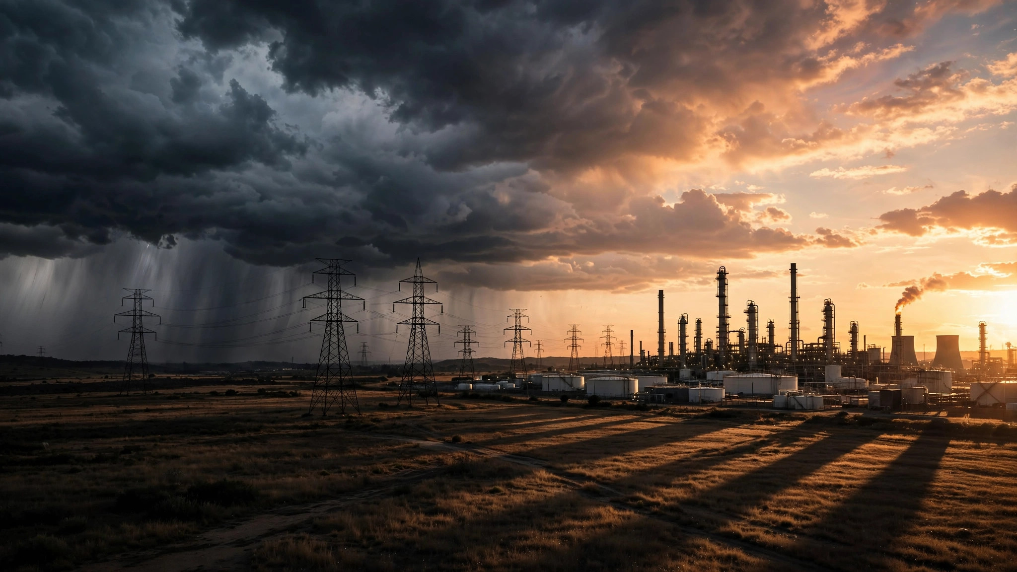 AI-generated illustration of oil refinery silhouettes with lightning bolts and a broken chain, symbolizing a pause in strikes on energy infrastructure