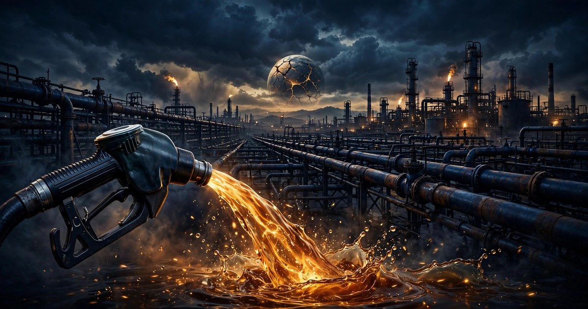 AI-generated illustration of a fuel pump pouring glowing diesel amid oil refinery pipelines
