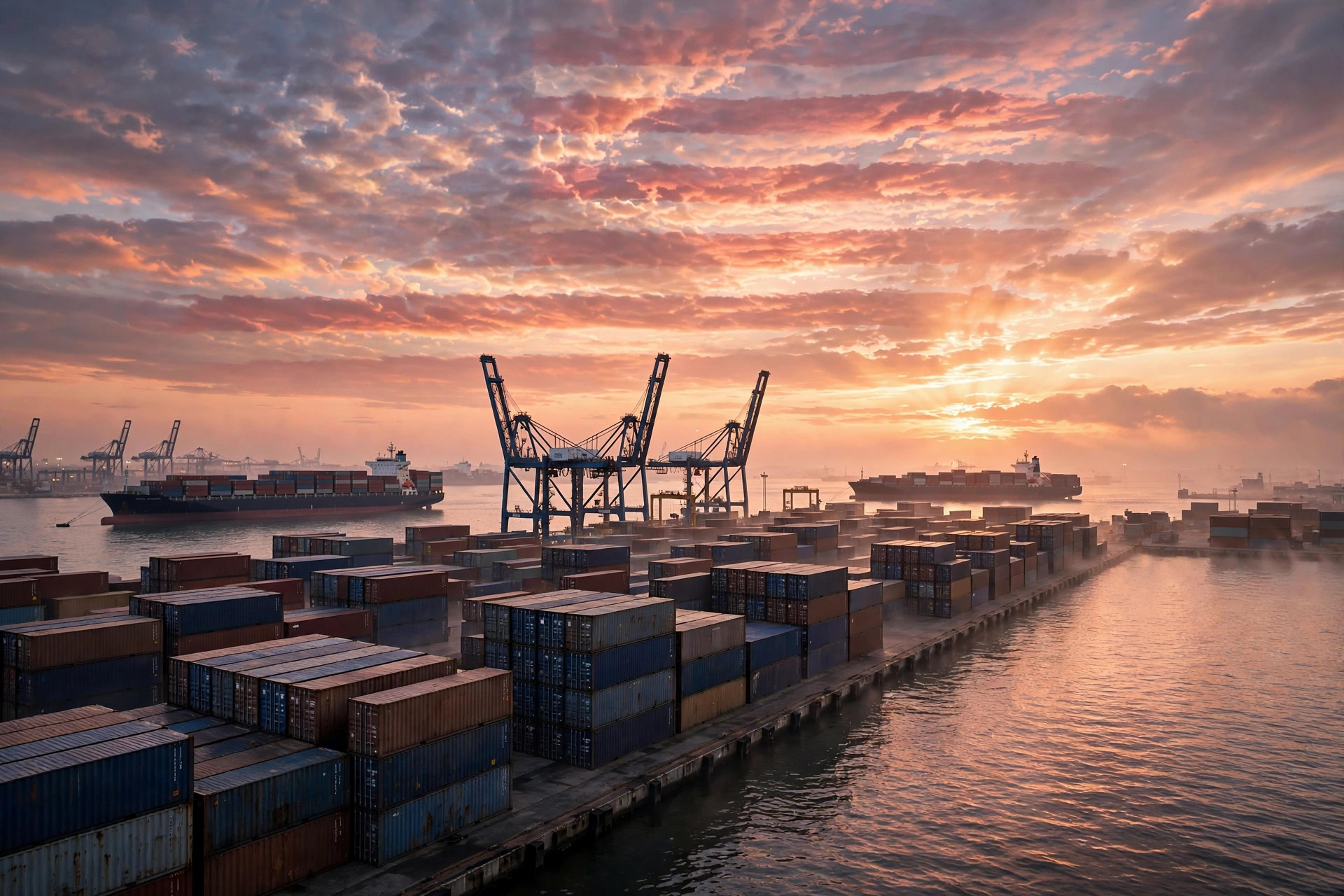 Cargo ships and stacked shipping containers at a US port at dawn under a glowing sunrise sky.