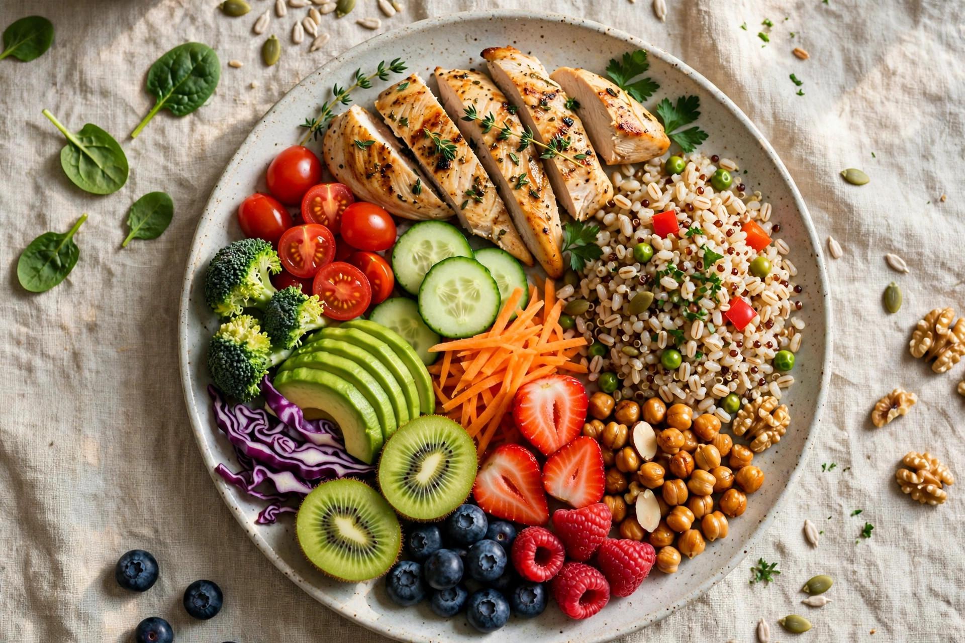 Colorful plate with balanced portions of vegetables, proteins and grains