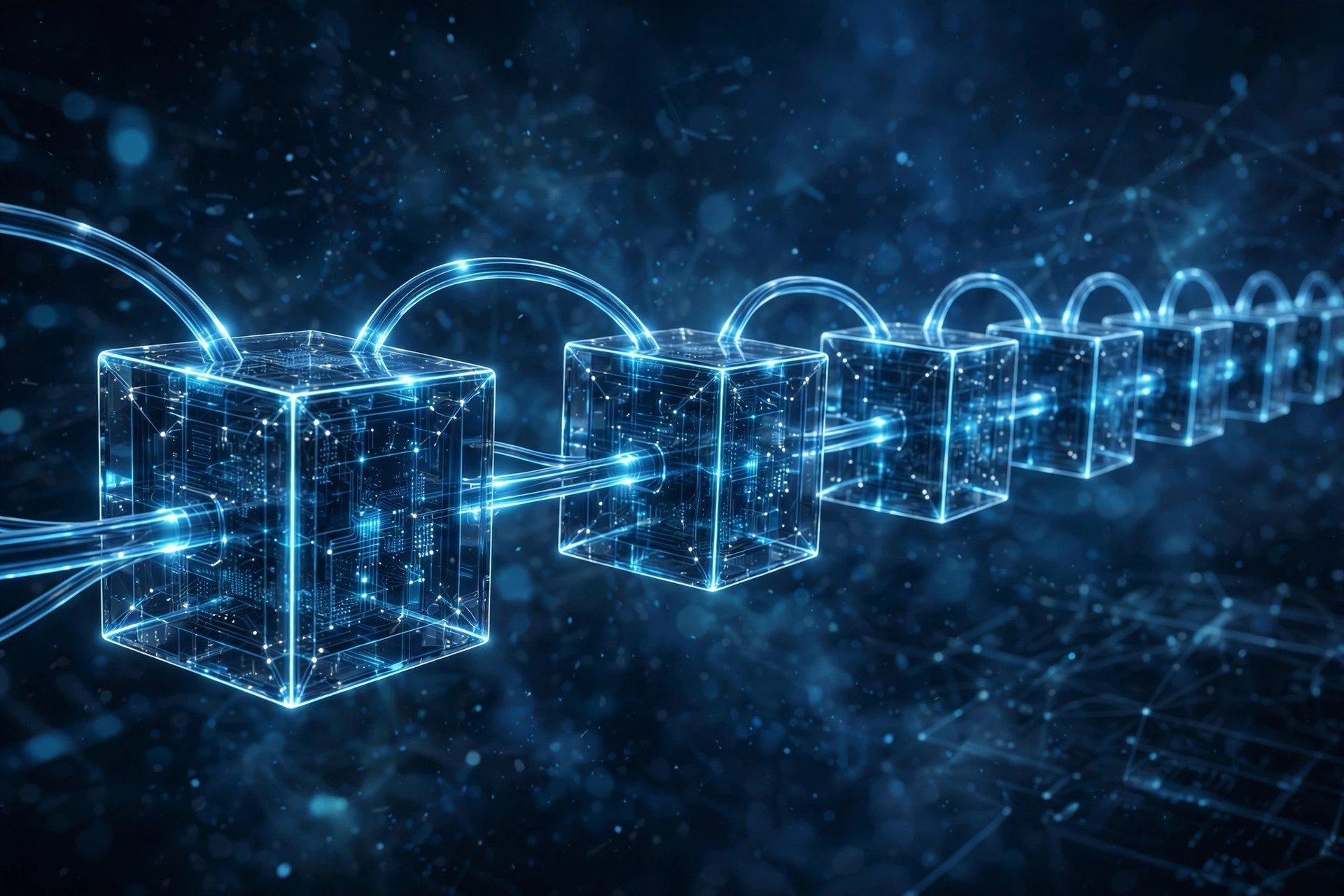Interconnected glowing blocks forming a digital blockchain chain network
