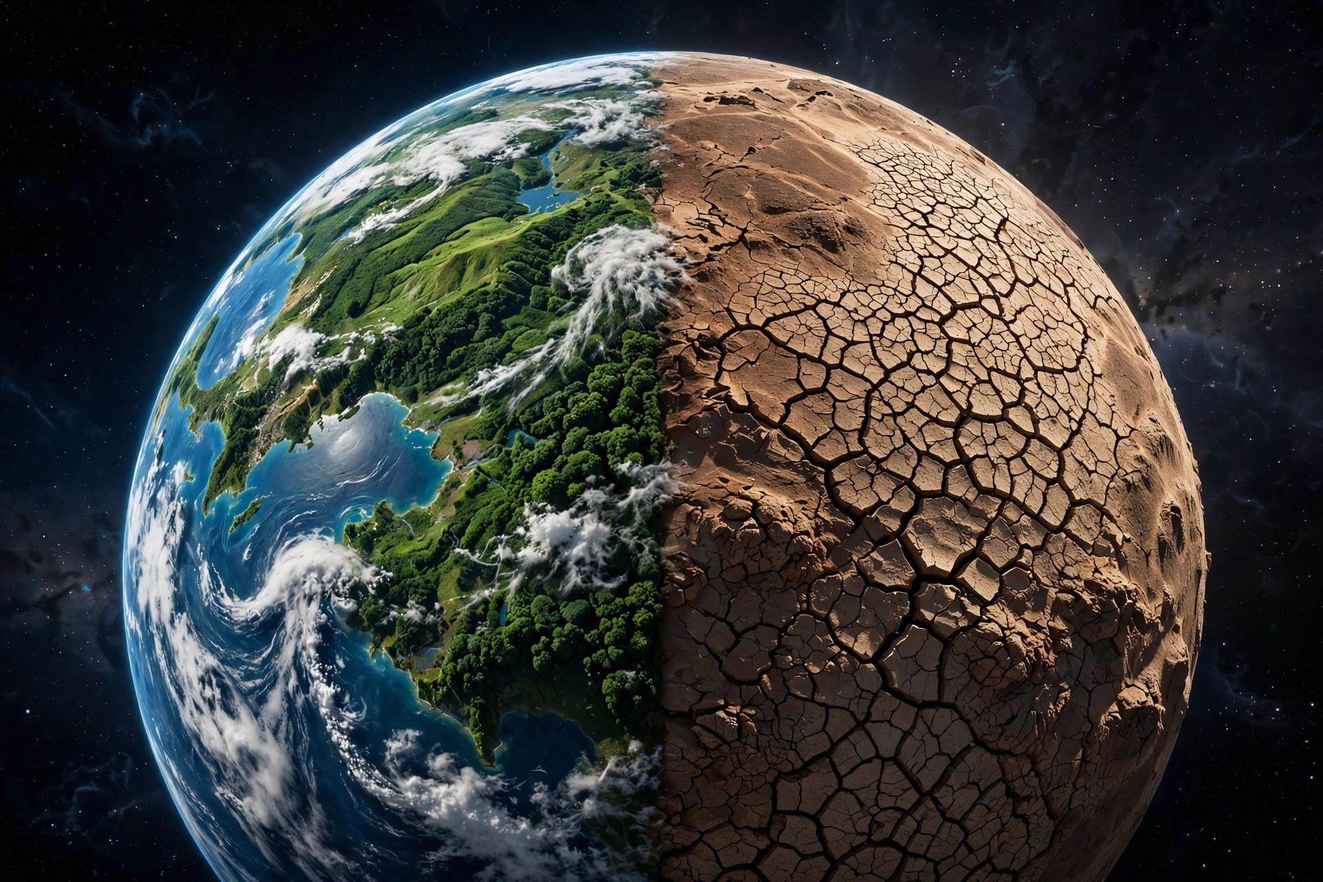 Split view of Earth showing lush green landscape versus cracked dry desert