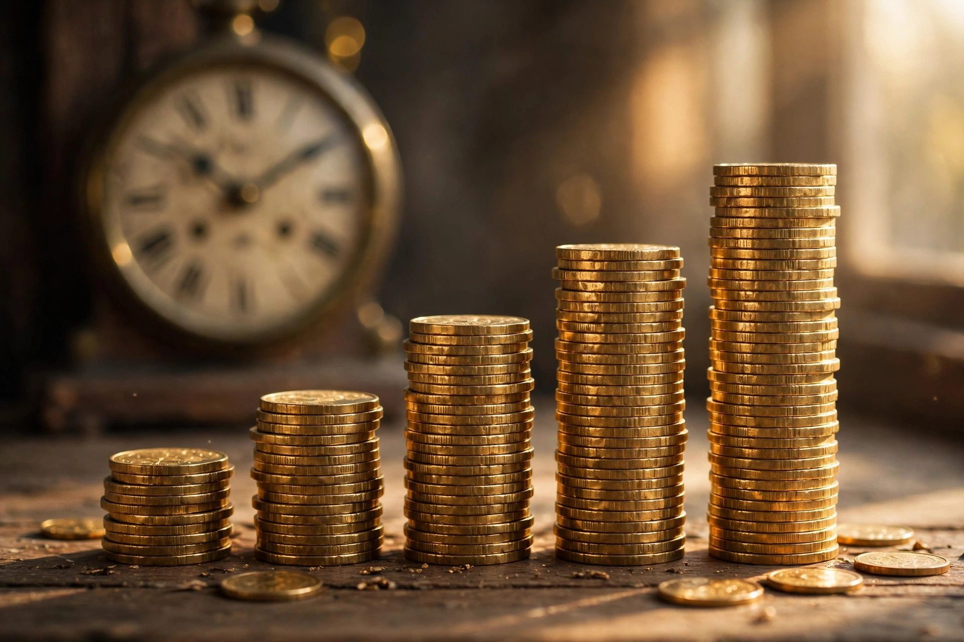 Stacks of coins growing taller like a bar chart with a clock in background