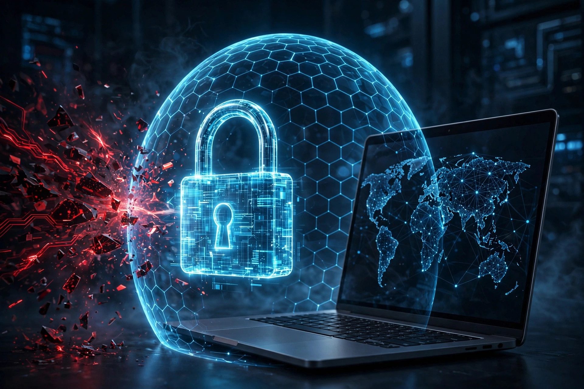 Digital shield protecting a laptop from cyber threat icons