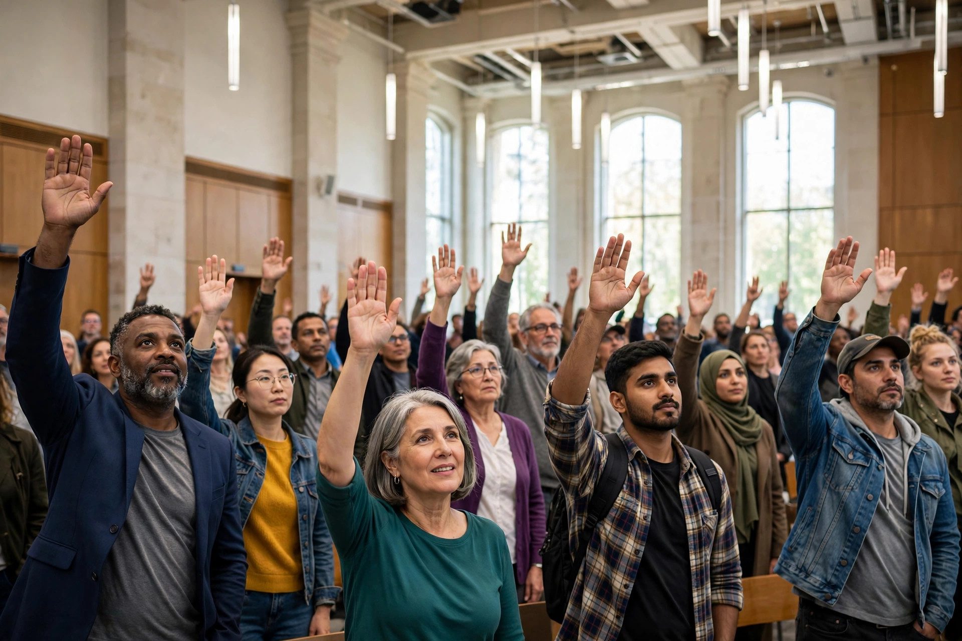 Raised hands voting in a democratic assembly with flags