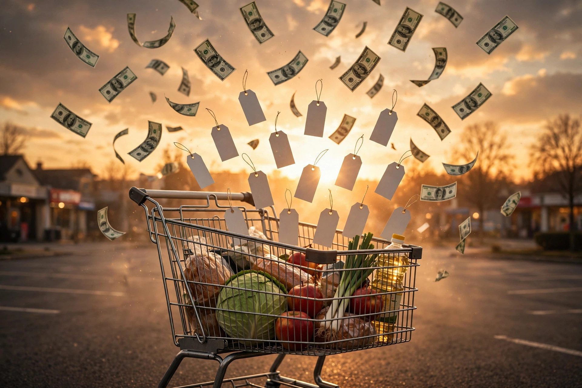 Shopping cart with rising price tags and floating dollar bills illustrating inflation