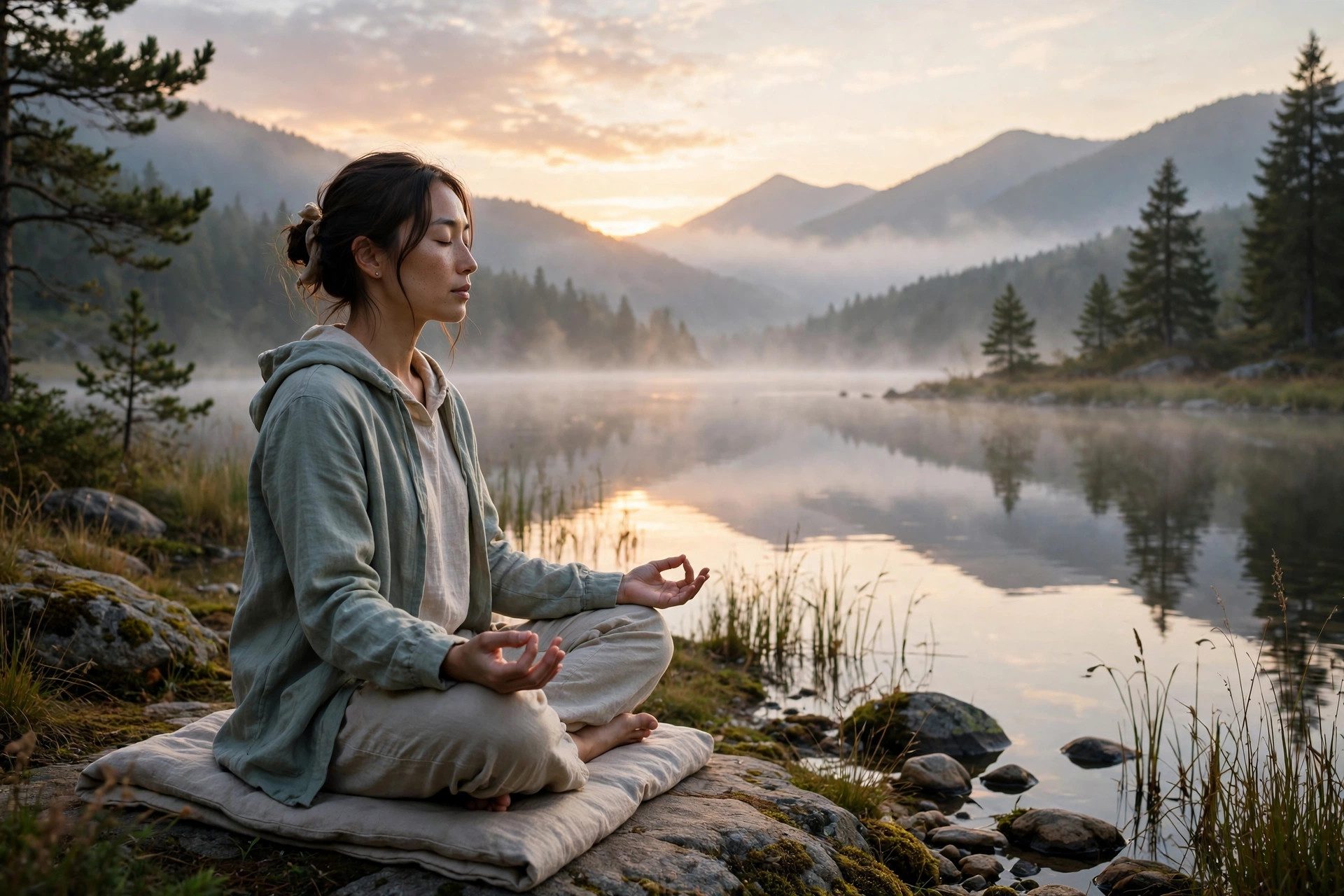 Person meditating peacefully in a calm natural setting at sunrise