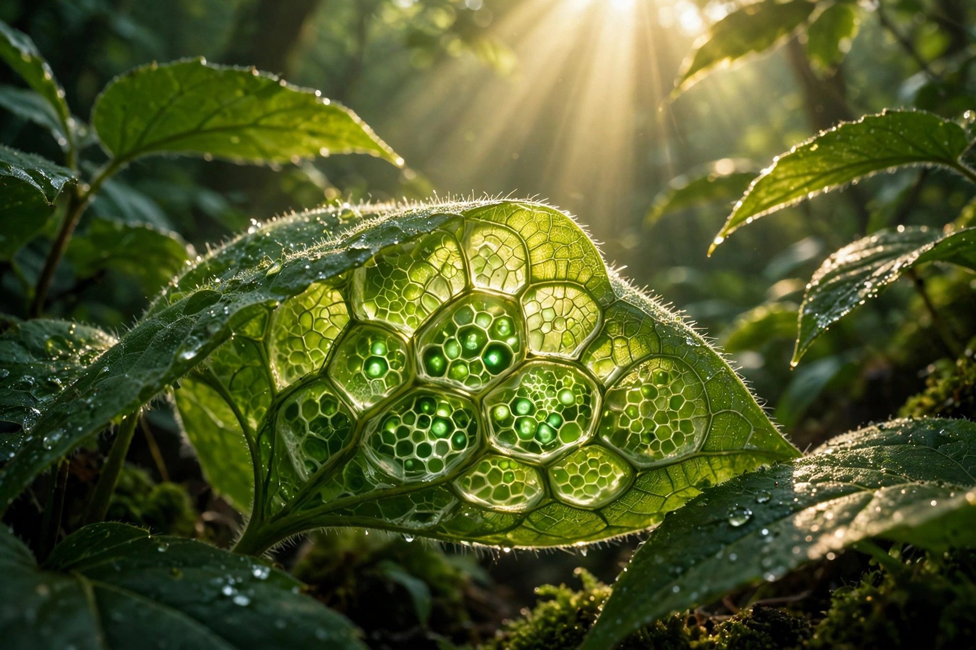 Sunlit green leaves with glowing plant cells illustrating photosynthesis