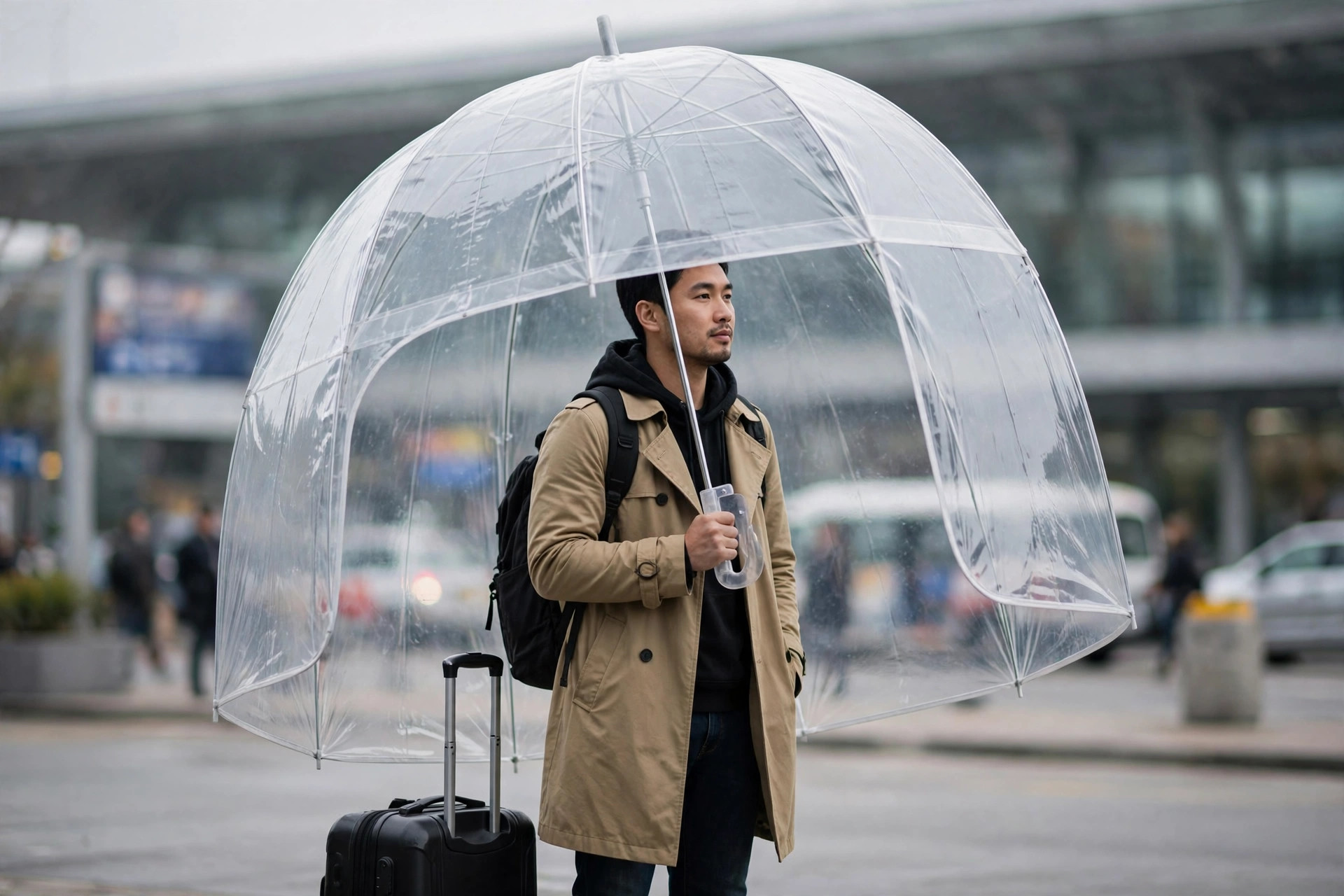 Traveler protected under a shield with airplane and airport in background