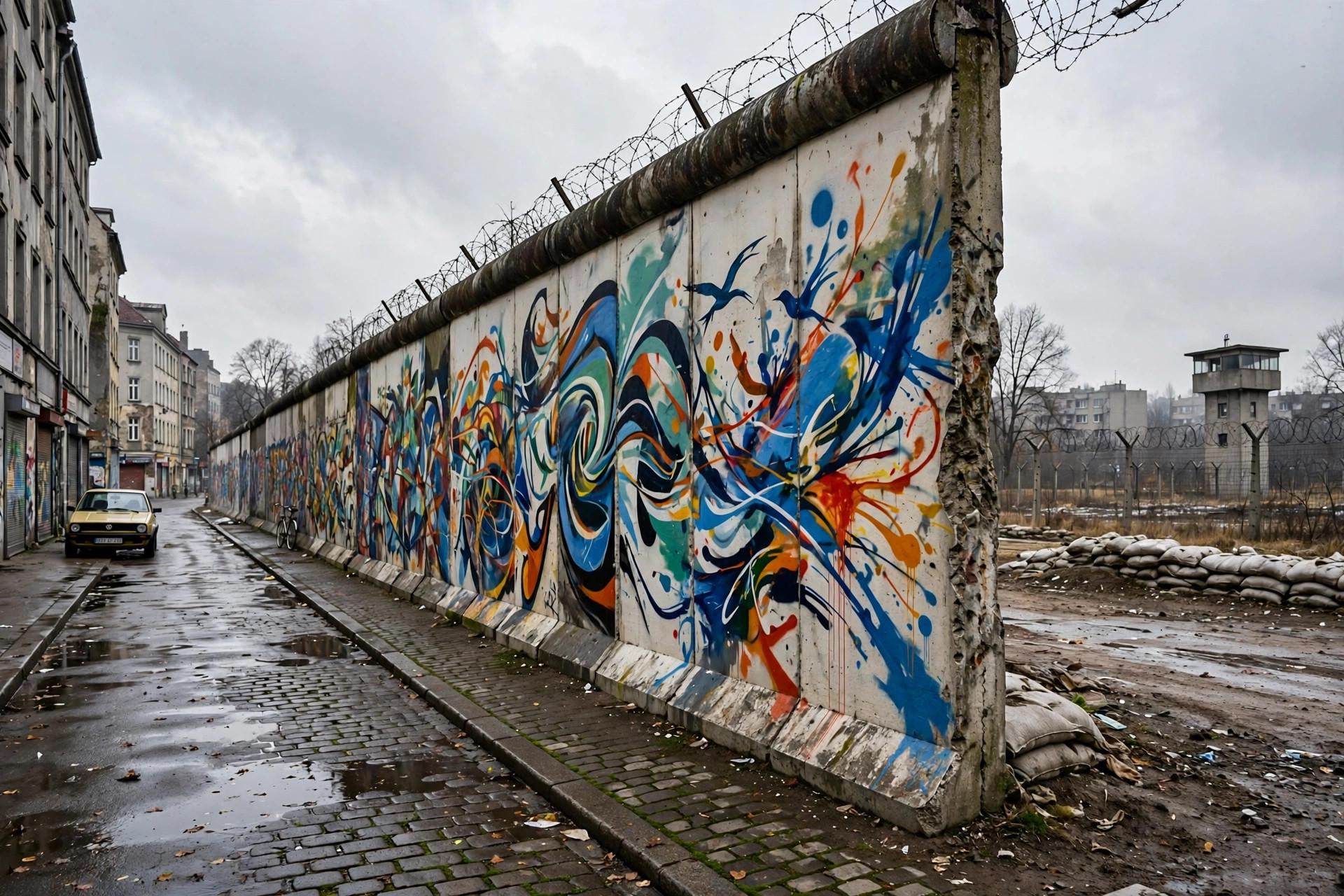 Berlin Wall with graffiti art dividing a city street historically